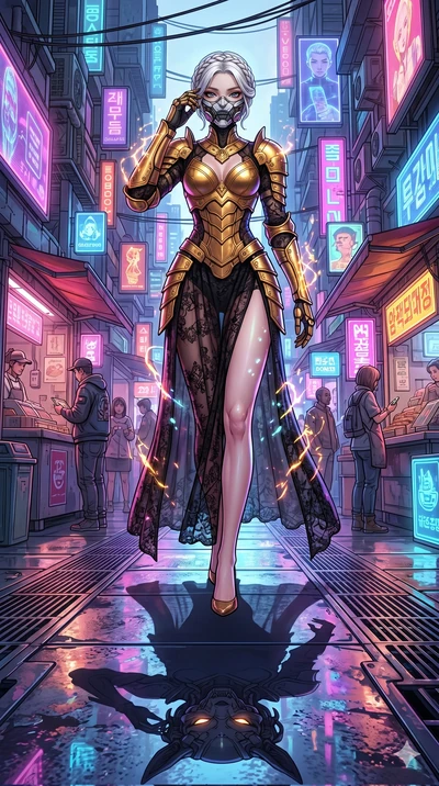 score_9, masterpiece, best quality, ultra-detailed, Set A: High-budget Anime Keyframe, Korean woman. Low angle cowboy shot filling the entire 9:16 frame with her statuesque presence. Adjusting a mask through a neon-lit Neo-Seoul market, while her sha