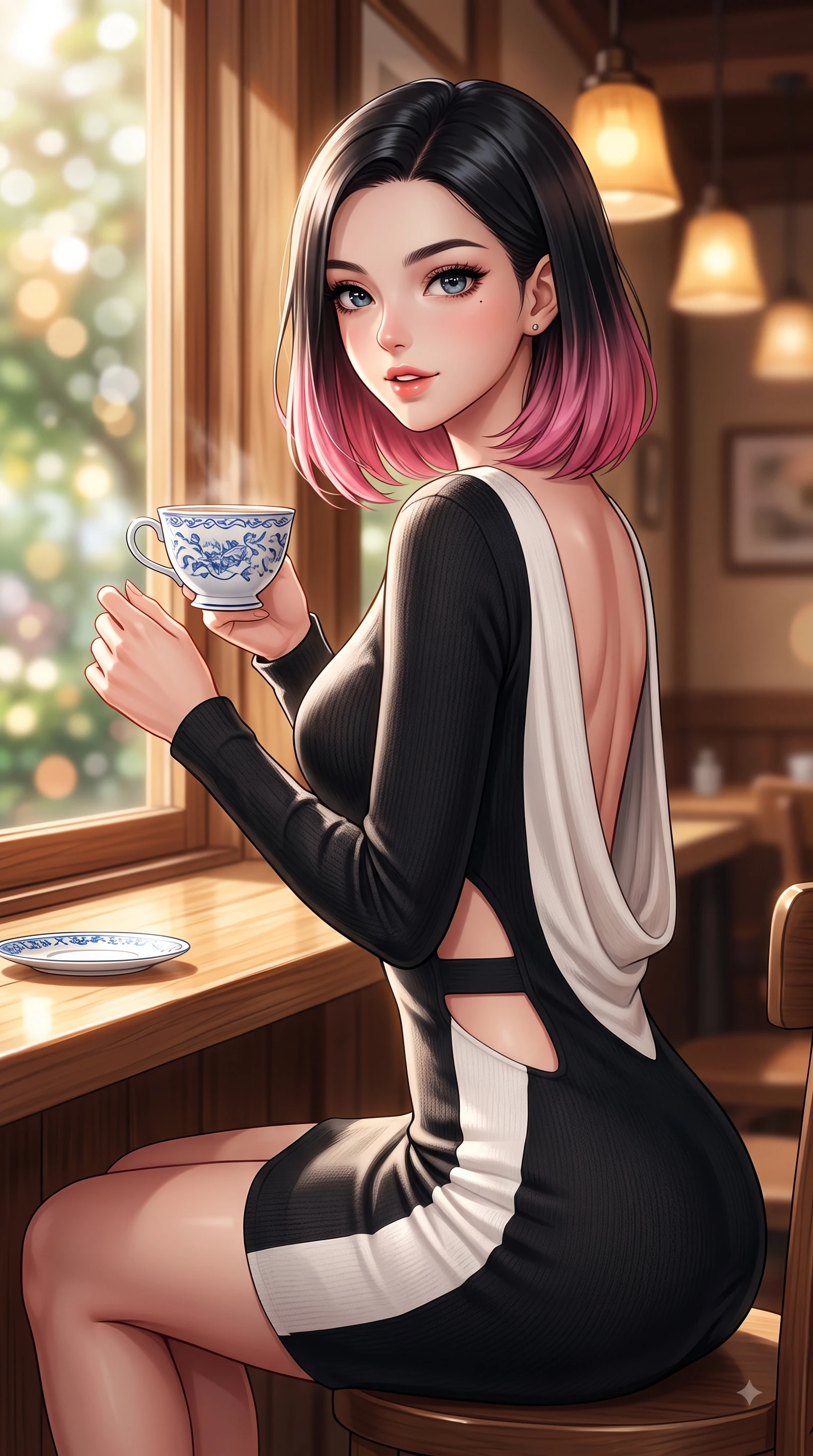 score_9, masterpiece, best quality, ultra-detailed, high-budget anime keyframe, editorial fashion photography, tasteful artistic composition, Korean woman. close-up cowboy shot from the waist and thighs up, the character dominates the composition, filling the frame with her large presence. Playful cute expression with a warm smile and parted lips, looking right into the camera with vibrant energy while sitting by a sunlit wooden window inside a cozy cafe, holding a porcelain coffee cup. The composition keeps background elements in soft focus with dreamy bokeh. warm oak wood interiors and soft indoor ambient lamps blurred into cozy, creamy bokeh. She has an exceptionally elegant, slender, and willowy female figure with an ultra-slim waist, a gracefully sculpted slender torso, and a refined silhouette. sharp v-shaped jawline, high-bridge nose, intricate jewel-like eyes with depth, thick eyelashes, glossy lips with a natural sheen, flawlessly proportioned anatomical accuracy, natural body alignment, perfectly sculpted elegant limbs, clean dynamic posture without body distortion. wearing a precision-fitted bodycon dress with a graceful open draped back in sleek jet black and pure white contrast, knitted from soft cozy cashmere yarn, complemented by clean architectural cutouts along her slender torso, the tailored fabric tightly following every curve of her athletic build. illuminated by soft glowing amber indoor lamps and natural garden reflections. highly saturated vibrant anime colors, detailed shading with soft gradients, rich glossy textures, high-contrast stereoscopic depth, volumetric dynamic lighting, master piece, 9:16 ratio