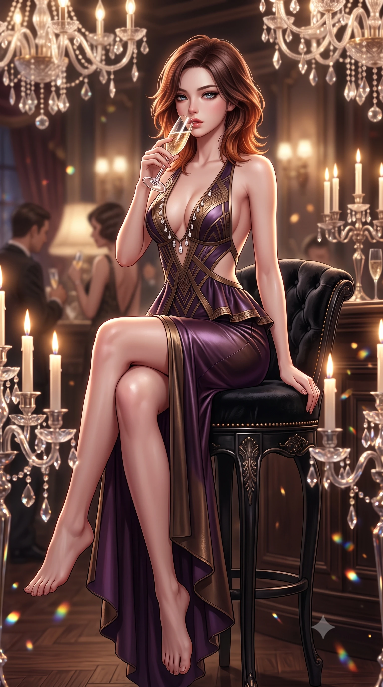score_9, masterpiece, best quality, ultra-detailed, high-budget anime keyframe, semi-realistic 3D game render, editorial fashion photography, tasteful artistic composition, Korean woman. low angle full-body shot from head to toe showing her feet, filling the entire 9:16 vertical frame with her statuesque presence, stretching her vertical silhouette. striding forward in a proud supermodel runway stride, hips swaying in an alluring kinetic rhythm that accentuates her curvy hourglass silhouette while sitting high on a tufted black velvet barstool with legs crossed, arching her lower back while holding a crystal champagne flute to her lips. The composition keeps background elements in soft focus with creamy bokeh. flickering candelabra flames and cut crystal glass refractions scattering warm decadent light motes. She has an absolutely perfect, statuesque 8.5-heads proportion, an exceptionally tall and slender model-like female figure with impossibly long slender legs, a toned flat midriff, an ultra-slim waist, and beautifully sculpted feminine hips. sharp v-shaped jawline, high-bridge nose, intricate jewel-like eyes with depth, thick eyelashes, glossy parted lips with a natural sheen, intensely captivating and seductive bedroom-eyes expression, flawlessly proportioned anatomical accuracy, strict slender model proportions, natural body alignment, perfectly sculpted long slender limbs, ultra-slim waistline, clean dynamic posture without body distortion. wearing a form-contouring Art Deco geometric peplum gown with side-waist diamond cutouts in deep plum violet and antique bronze, crafted from second-skin supple lambskin leather with liquid drape, accented with delicate crystal teardrop pendants outlining the plunging neckline, the dramatically scooped open back descending to the base of her spine, accentuating her razor-sharp statuesque lines and curvy hourglass silhouette. surrounded by an opulent, scandalous, and irresistibly intoxicating jazz-age siren aura. highly saturated vibrant anime colors, detailed shading with soft gradients, rich glossy textures, high-contrast stereoscopic depth, volumetric dynamic lighting, master piece, 9:16 ratio
