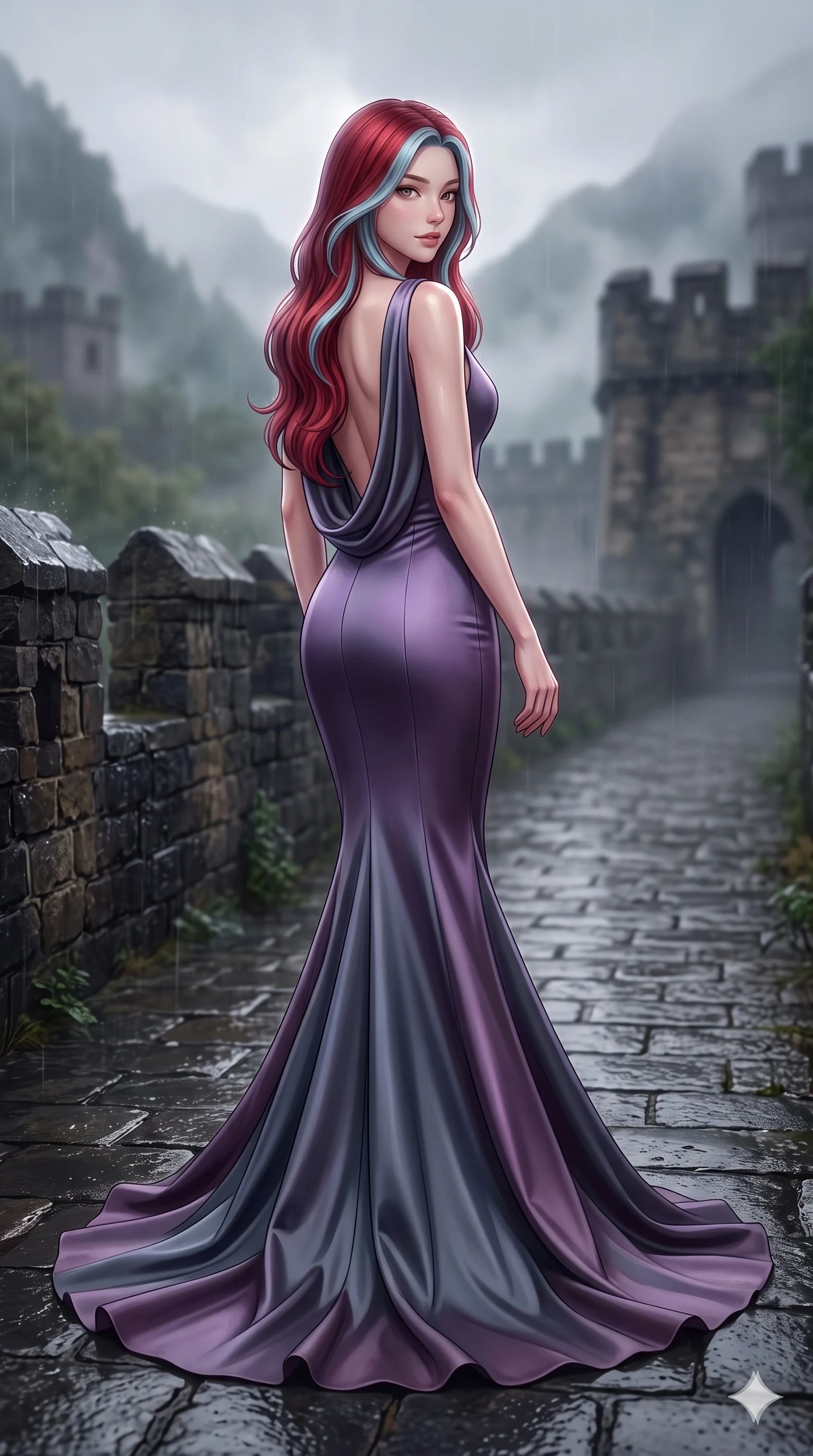 score_9, masterpiece, best quality, ultra-detailed, high-budget anime keyframe, semi-realistic 3D game render, editorial fashion photography, tasteful artistic composition, Caucasian woman. low angle full-body shot from head to toe showing her feet, filling the entire 9:16 vertical frame with her statuesque presence, stretching her vertical silhouette. walking along the terrace with poise, looking back over her bare shoulder with an irresistible smoldering bedroom-gaze while stepping slowly along the rain-washed stone rampart with hypnotic grace, hips swaying in an alluring rhythm that accentuates her curvy hourglass silhouette. The composition keeps background elements in soft focus with creamy bokeh: fresh highland rain mist softened in cliffside fortress rampart shallow focus. She has an exceptionally tall and slender model-like 8.5-heads proportion, an ultra-slim waist, a flat toned midriff, narrow delicate ribcage, and beautifully sculpted feminine hips creating a graceful, slim hourglass silhouette without any bulky heaviness, with impossibly long slender legs. sharp v-shaped jawline, high-bridge nose, intricate jewel-like eyes with depth, thick eyelashes, glossy parted lips with a natural sheen, intensely captivating and seductive bedroom-eyes expression, flawlessly proportioned anatomical accuracy, strict slender model proportions, natural body alignment, perfectly sculpted long slender limbs, ultra-slim waistline, clean dynamic posture without body distortion. wearing a sculpted mermaid silhouette evening gown in duchess satin with a low cowl back and floor-trailing hem in Highland heather violet and slate granite, woven from structured carbon-fiber jacquard with rich textural depth, finished with criss-cross back satin straps highlighting her graceful shoulder blades, the glove-like clinging cut tightly following the natural contour of her hips and long slender legs with youthful 8.5-heads elegance. bathed in high-contrast dramatic sky illumination with crisp silver rim lights sculpting her jawline, narrow waist, and curvy hips. highly saturated vibrant anime colors, detailed shading with soft gradients, rich glossy textures, high-contrast stereoscopic depth, volumetric dynamic lighting, master piece, 9:16 ratio
