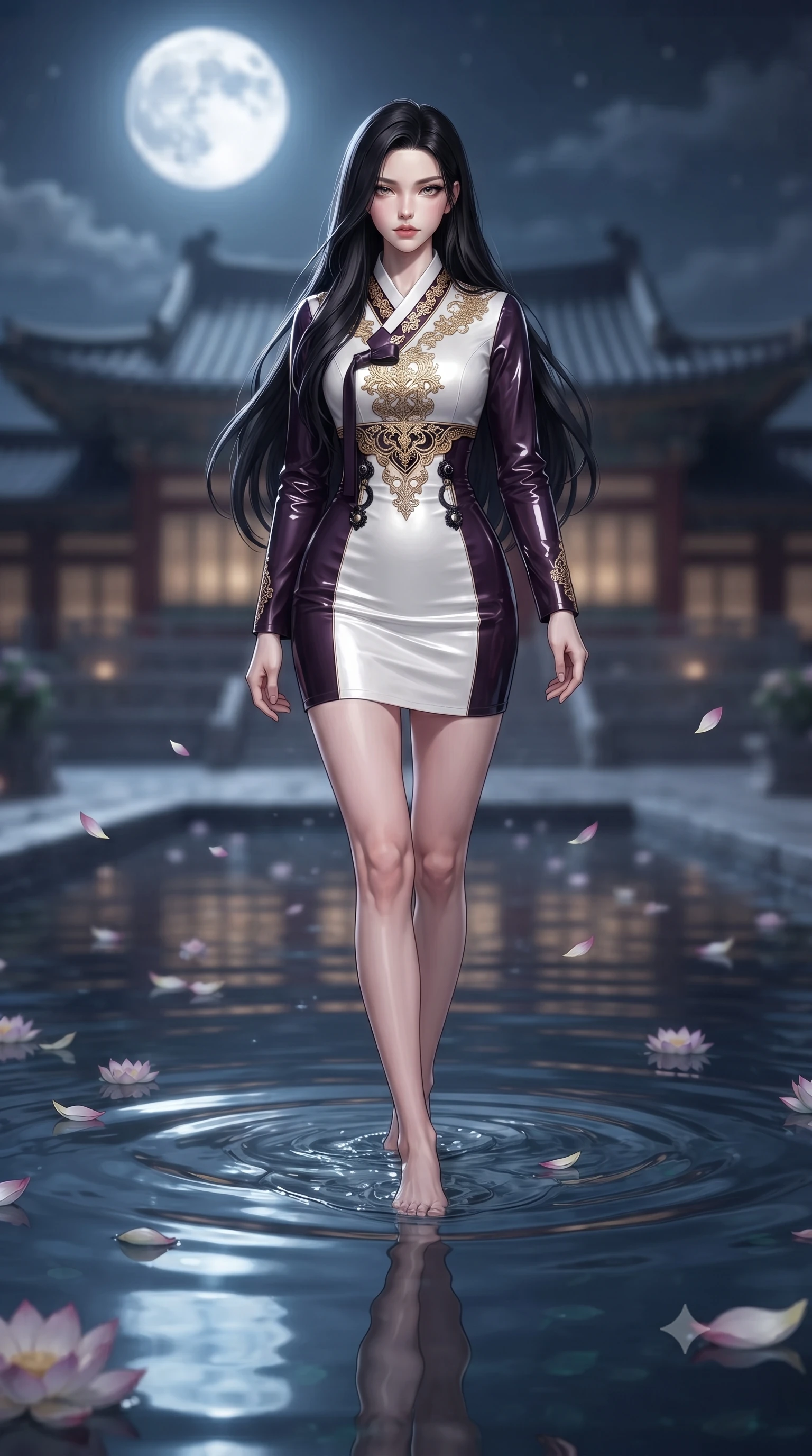 score_9, masterpiece, best quality, ultra-detailed, high-budget anime keyframe, editorial fashion photography, tasteful artistic composition, Korean woman. low angle full-body shot from head to toe showing her feet, filling the entire 9:16 vertical frame with her statuesque presence, stretching her vertical silhouette. stepping gracefully through the luxurious environment, stretching her statuesque silhouette, immersed to the waist in a mirror-still pool as lotus petals drift around her, divine celestial beauty with intense sensual presence. She has an absolutely perfect, statuesque 8.5-heads proportion, an exceptionally tall and slender model-like female figure with impossibly long slender legs and an ultra-slim waist. sharp v-shaped jawline, high-bridge nose, intricate jewel-like eyes with depth, thick eyelashes, glossy lips with a natural sheen. wearing modern fusion white hanbok dress with structured gold-embroidered bodice in dark plum violet, made of high-gloss liquid vinyl, adorned with minimalist black onyx hardware framing the silhouette, the fitted fabric emphasizing her ultra-slim waist. surrounded by a serene moonlit aura with sharp silver rim lights. ultra-reflective glossy finish, specular highlights, metallic sheen, high-contrast stereoscopic depth, volumetric dynamic lighting, 2k, ultra detail, master piece, 9:16 ratio