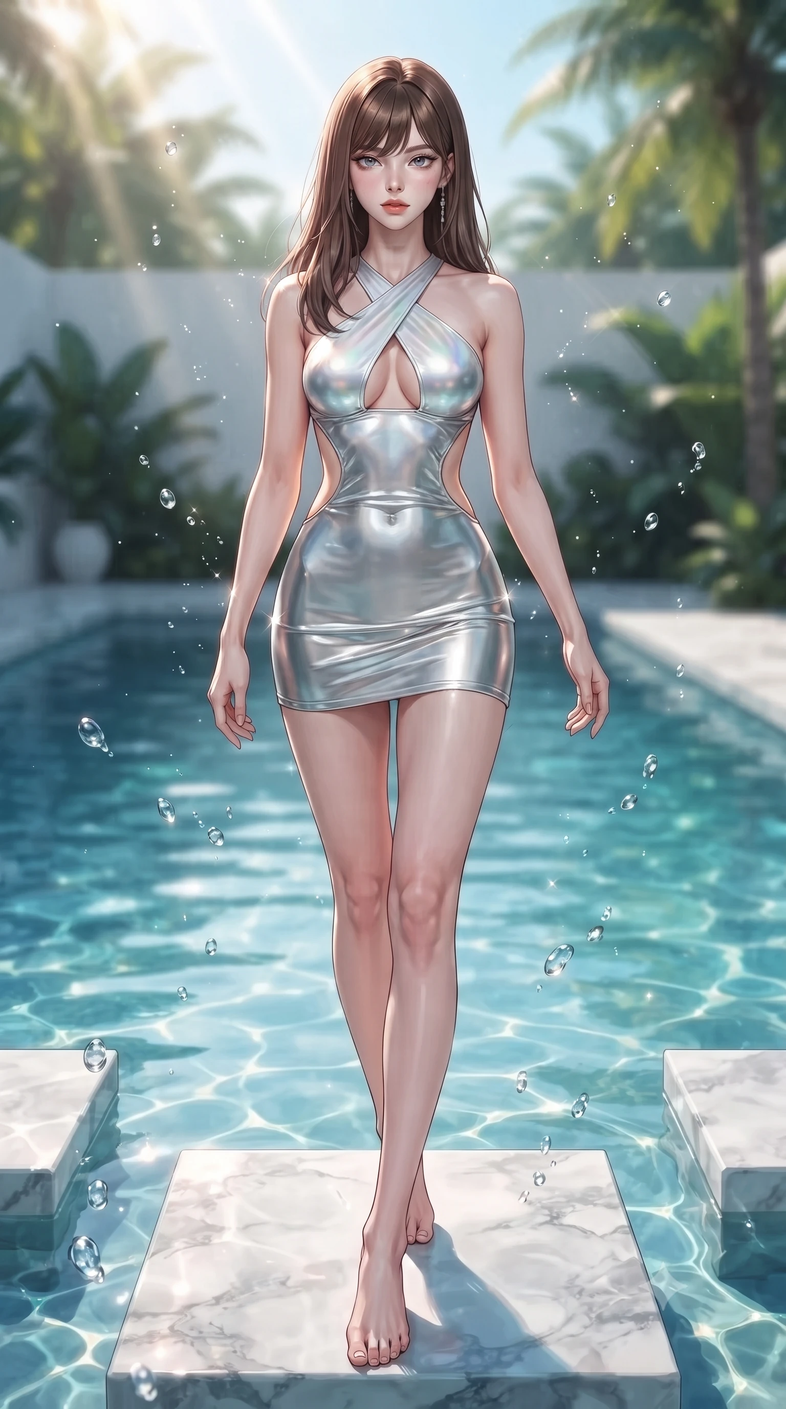score_9, masterpiece, best quality, ultra-detailed, high-budget anime keyframe, editorial fashion photography, tasteful artistic composition, Korean woman. low angle full-body shot from head to toe showing her feet, filling the entire 9:16 vertical frame with her statuesque presence, stretching her vertical silhouette. striding forward in a proud, statuesque motion with a dangerous smolder, her vertical silhouette dominating the frame from head to toe while pivoting dynamically on a submerged marble stepping stone as sunbeams penetrate the crystal pool. The composition keeps background elements in soft focus with creamy bokeh. sparkling water droplets scattering bright morning sun motes across a serene backdrop. She has an absolutely perfect, statuesque 8.5-heads proportion, an exceptionally tall and slender model-like female figure with impossibly long slender legs, a toned flat midriff, and an ultra-slim waist. sharp v-shaped jawline, high-bridge nose, intricate jewel-like eyes with depth, thick eyelashes, glossy lips with a natural sheen, flawlessly proportioned anatomical accuracy, strict slender model proportions, natural body alignment, perfectly sculpted long slender limbs, ultra-slim waistline, clean dynamic posture without body distortion. wearing a molten silver liquid-metal mini dress featuring deep side-waist cutouts and a daring crossover halter neckline in glistening liquid pearl white with rainbow opalescence, made of liquid metal jersey that clings flawlessly to every contour of her build, complemented by criss-cross back straps highlighting her completely bare spine, the sleek second-skin cut tightly hugging her graceful clavicle, narrow waist, and feminine curves with athletic precision. illuminated by sparkling water droplet refractions and crisp white key lighting. ultra-reflective glossy finish, specular highlights, metallic sheen, high-contrast stereoscopic depth, volumetric dynamic lighting, 2k, ultra detail, master piece, 9:16 ratio