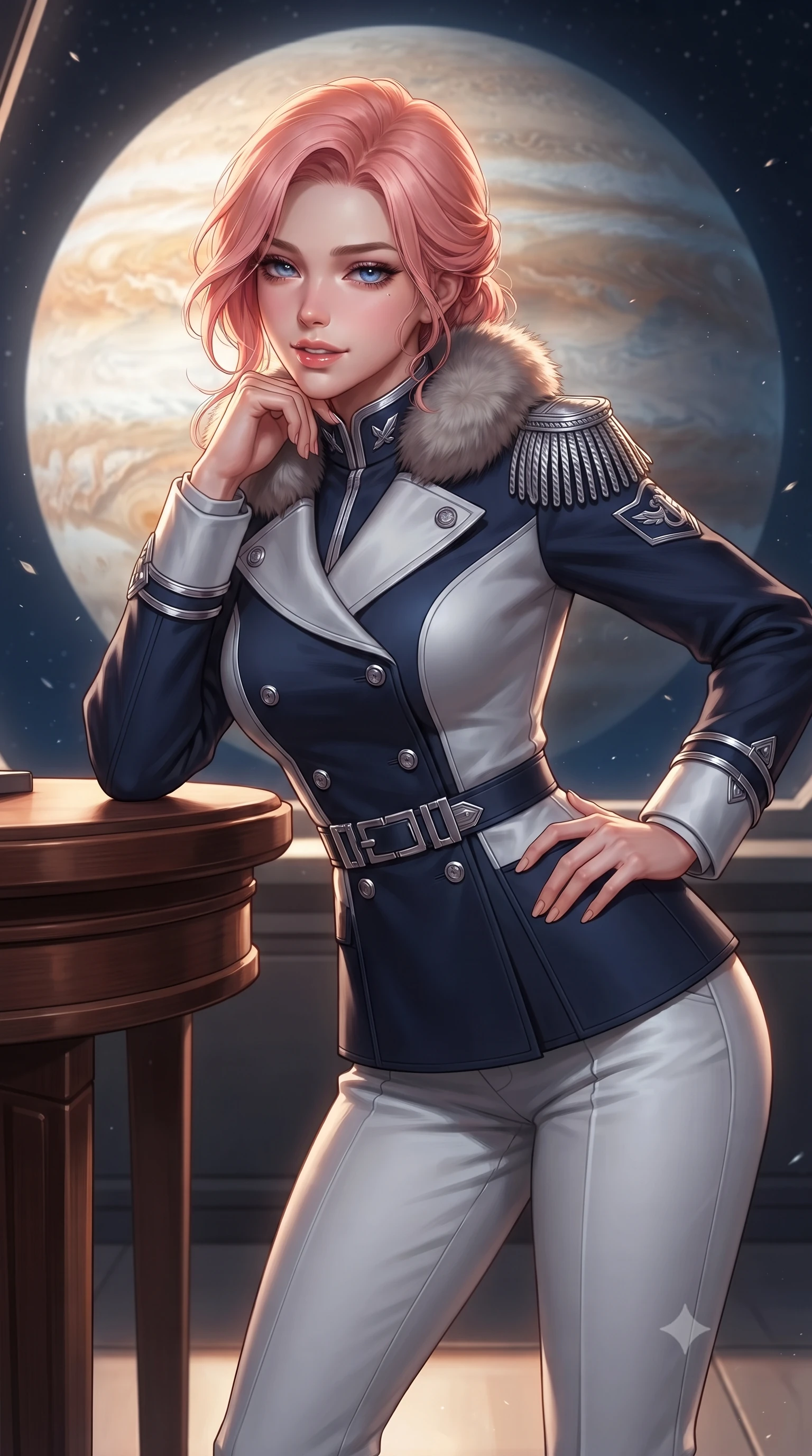 score_9, masterpiece, best quality, ultra-detailed, high-budget anime keyframe, editorial fashion photography, tasteful artistic composition, Japanese woman. close-up cowboy shot from the waist and thighs up, the character dominates the composition, filling the frame with her large presence. resting one elbow on the table and supporting her chin, leaning close to the camera with heavy-lidded sparkling eyes and parted lips while twisting her slender torso in an alluring contrapposto stance, rich amber and cream Jupiter-light painting dynamic highlights across her narrow waist and curvy hips. The surrounding environment is rendered in vivid detail and crisp panoramic clarity: detailed thermal officer coat tailoring, fur-trimmed collar, and monumental planetary scale in razor-sharp precision. She has an exceptionally elegant, slender, and willowy female figure with an ultra-slim waist, flat toned midriff, narrow ribcage, and sculpted feminine hips creating an alluring, slim hourglass silhouette without bulk. sharp v-shaped jawline, high-bridge nose, intricate jewel-like sparkling eyes with depth, thick eyelashes, glossy parted lips with a natural peach sheen, bright cheerful beaming smile with an enchanting and coquettish sensual glint, exuding both youthful cute charm and seductive allure, flawlessly proportioned anatomical accuracy, strict slender model proportions, natural body alignment, perfectly sculpted long slender limbs, ultra-slim waistline, clean dynamic posture without body distortion. wearing a tailored orbital navy officer dress uniform featuring a structured double-breasted coat with silver epaulets, high mandarin collar, and matching pressed slacks in solar-sail rainbow diffraction and titanium white, tailored from high-density tech-wool with subtle metallic thread weave, finished with sleek magnetic buckle closures fluttering in the breeze, the bespoke structured tailoring following the natural line of her 8.5-heads silhouette with refined elegance. illuminated by snow reflection bounce and sharp Jupiter-amber rim lights sculpting her razor-sharp jawline, narrow waist, and curvy hips. ultra-reflective glossy finish, specular highlights, rich textural contrasts, high-contrast stereoscopic depth, volumetric dynamic lighting, 2k, ultra detail, master piece, 9:16 ratio