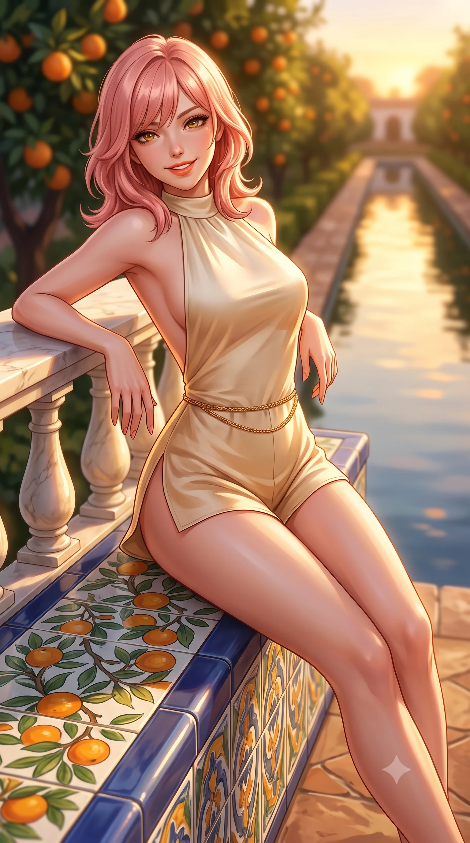 score_9, masterpiece, best quality, ultra-detailed, high-budget anime keyframe, semi-realistic 3D game render, editorial fashion photography, tasteful artistic composition, Japanese woman. close-up cowboy shot from the waist and thighs up, the character dominates the composition, filling the frame with her large presence. leaning back against the sunlit marble railing with relaxed seductive grace, her flat midriff and narrow waist highlighted as golden hour light traces her curves while sitting gracefully on the glazed ceramic bench bordering the orange garden, her long slender legs and toned curves commanding the frame. The composition keeps background elements in soft focus with dreamy creamy bokeh. still reflection channel waters reflecting the golden sunset sky softened in historic Andalusian shallow focus. She has an exceptionally elegant, slender, and willowy female figure with an ultra-slim waist, flat toned midriff, narrow ribcage, and sculpted feminine hips creating an alluring, slim hourglass silhouette without bulk. sharp v-shaped jawline, high-bridge nose, sparkling amber-hazel eyes with depth, long lush eyelashes, glossy sun-kissed lips with a warm coral glaze, radiant teasing smile with sensual sunlit bedroom-eyes, exuding effortless old-money elegance and intoxicating sun-drenched allure, flawlessly proportioned anatomical accuracy, strict slender model proportions, natural body alignment, perfectly sculpted long slender limbs, ultra-slim waistline, clean dynamic posture without body distortion. wearing a modern tailored silk halter romper with high-cut leg openings and an open back in warm champagne ivory and sun-kissed golden sand, crafted from fine lightweight breathable linen with an effortless natural drape, finished with a delicate gold snake chain belt resting loosely on her curvy hips, the form-fitting cut adhering flawlessly to her sculpted flat midriff and slender torso, emphasizing her long leg lines and perfectly proportioned willowy build. illuminated by water channel reflection fill and sharp warm-gold rim lighting defining her razor-sharp jawline, narrow waist, and curvy hips. highly saturated vibrant anime colors, detailed shading with soft gradients, rich glossy textures, high-contrast stereoscopic depth, volumetric dynamic lighting, master piece, 9:16 ratio