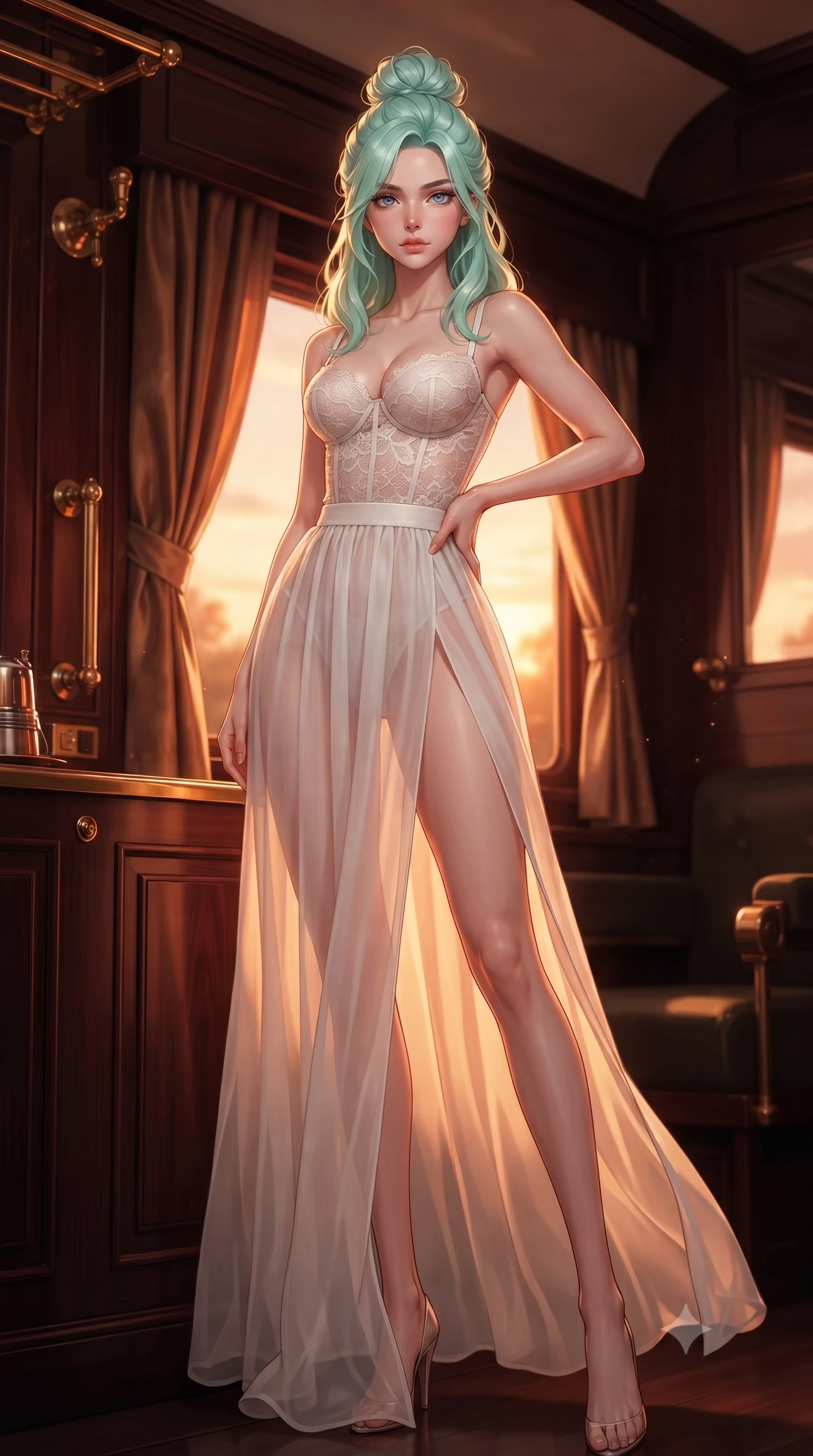 score_9, masterpiece, best quality, ultra-detailed, high-budget anime keyframe, editorial fashion photography, tasteful artistic composition, Japanese woman woman. low angle full-body shot from head to toe showing her feet, filling the entire 9:16 vertical frame with her statuesque presence, stretching her vertical silhouette. posing confidently with one hand on her hip, stretching her statuesque body to emphasize her curves the background shows a soft-focus a vintage train cabin with dark mahogany panels, brass fixtures, and silk drapes. She has an absolutely perfect, statuesque 8.5-heads proportion, an exceptionally tall and slender model-like female figure with impossibly long slender legs and an ultra-slim waist. sharp v-shaped jawline, high-bridge nose, intricate jewel-like eyes with depth, thick eyelashes, glossy lips with a natural sheen. wearing a slim-fit delicate white lace bustier top paired with a sheer chiffon maxi skirt featuring a high side slit. warm sunset light filtering through the window, painting the cabin in orange. ultra-reflective glossy finish, specular highlights, metallic sheen, high-contrast stereoscopic depth, volumetric dynamic lighting, 2k, ultra detail, master piece, 9:16 ratio