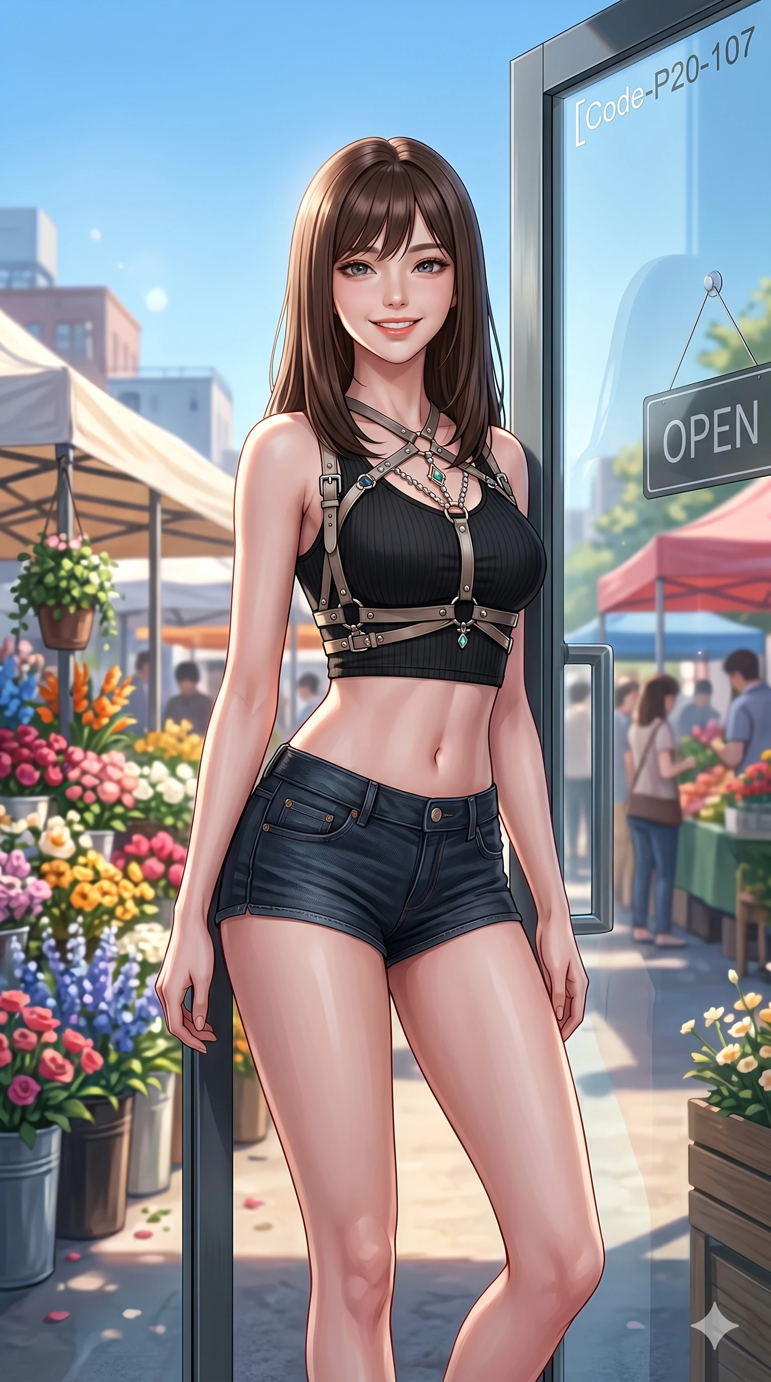 score_9, masterpiece, best quality, ultra-detailed, high-budget anime keyframe, vibrant anime aesthetic, Korean woman. cowboy shot from the thighs up, character and outfit filling the frame for maximum presence. She is leaning against a glass door, looking at the camera with a bright, friendly smile by a vibrant outdoor market with flower stalls (Code-P20-107). She has an absolutely perfect 8-heads proportion, an exceptionally tall and slender female figure with impossibly long slender legs and an ultra-slim waist. V-shaped jawline, high-bridge nose, intricate jewel-like eyes with depth, thick eyelashes, glossy lips with a natural sheen. wearing a harness over a crop top with exposed midriff and micro-shorts. She is soft glowing ambient light from a clear blue sky, highlighting her V-shaped jawline. 2k, ultra detail, master piece, 9:16 ratio