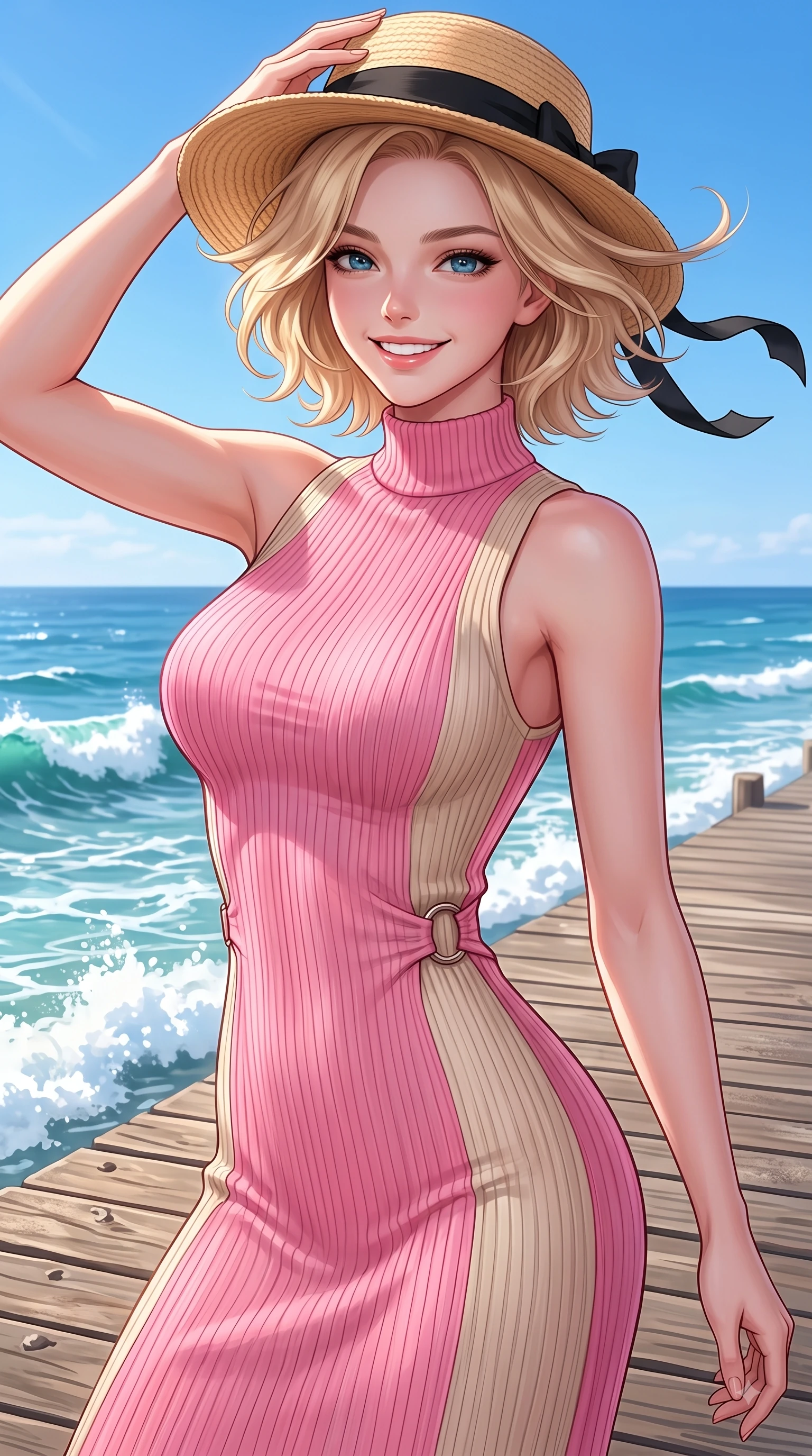 score_9, masterpiece, best quality, ultra-detailed, high-budget anime keyframe, editorial fashion photography, tasteful artistic composition, Caucasian woman. close-up cowboy shot from the waist and thighs up, the character dominates the composition, filling the frame with her large presence. Youthful bright smile exuding pure cute charm and fresh energy, her torso turning dynamically into the lens while holding her straw hat lightly against the fresh sea breeze while smiling at the camera. The surrounding environment is rendered in vivid detail and crisp panoramic clarity. vibrant sea foam crests, wooden boardwalk planks, and crisp blue sky captured in high clarity. She has an exceptionally elegant, slender, and willowy female figure with an ultra-slim waist, a gracefully sculpted slender torso, and a refined silhouette. sharp v-shaped jawline, high-bridge nose, intricate jewel-like eyes with depth, thick eyelashes, glossy lips with a natural sheen, flawlessly proportioned anatomical accuracy, natural body alignment, perfectly sculpted elegant limbs, clean dynamic posture without body distortion. wearing a high-neck sleeveless ribbed knit dress following her statuesque figure like a glove in bright cherry blossom pink and champagne, tailored from fine wool crepe with clean lines, accented with subtle metallic ring hardware framing her waist, the form-contouring material highlighting her ultra-slim waist and long lines. surrounded by a fresh, sun-drenched, and relaxing vacation atmosphere. highly saturated vibrant anime colors, detailed shading with soft gradients, rich glossy textures, high-contrast stereoscopic depth, volumetric dynamic lighting, master piece, 9:16 ratio