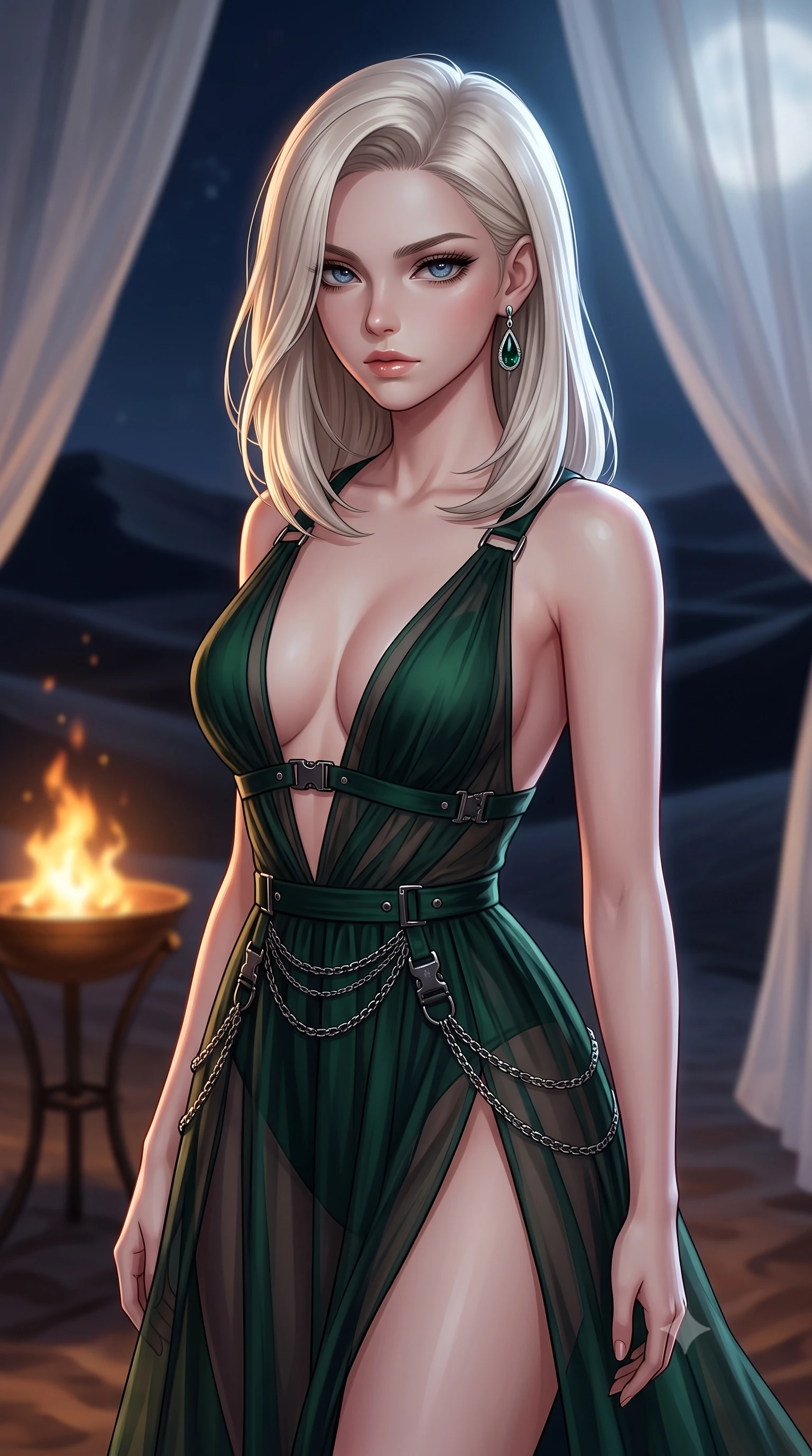 score_9, masterpiece, best quality, ultra-detailed, high-budget anime keyframe, editorial fashion photography, tasteful artistic composition, Caucasian woman. close-up cowboy shot from the waist and thighs up, the character dominates the composition, filling the frame with her large presence, background elements kept in soft focus. Casting a slow, direct gaze beneath heavy lashes with quiet intensity, poised near a flickering bronze brazier as night wind blows over dark dunes, sheer white linen canopy fluttering gently in the warm desert breeze. She has an exceptionally elegant, slender, and willowy female figure with an ultra-slim waist, a gracefully sculpted slender torso, and a refined silhouette. sharp v-shaped jawline, high-bridge nose, intricate jewel-like eyes with depth, thick eyelashes, glossy lips with a natural sheen. wearing deep plunging V-neckline midnight gown with daring high thigh slit in deep emerald green, made of sheer dark organza overlay, framed by dark titanium buckles and silver chain details, contouring every curve with an exceptionally elegant silhouette. surrounded by a warm atmospheric glow with sharp rim highlights. highly saturated vibrant anime colors, detailed shading with soft gradients, rich glossy textures, high-contrast stereoscopic depth, volumetric dynamic lighting, master piece, 9:16 ratio