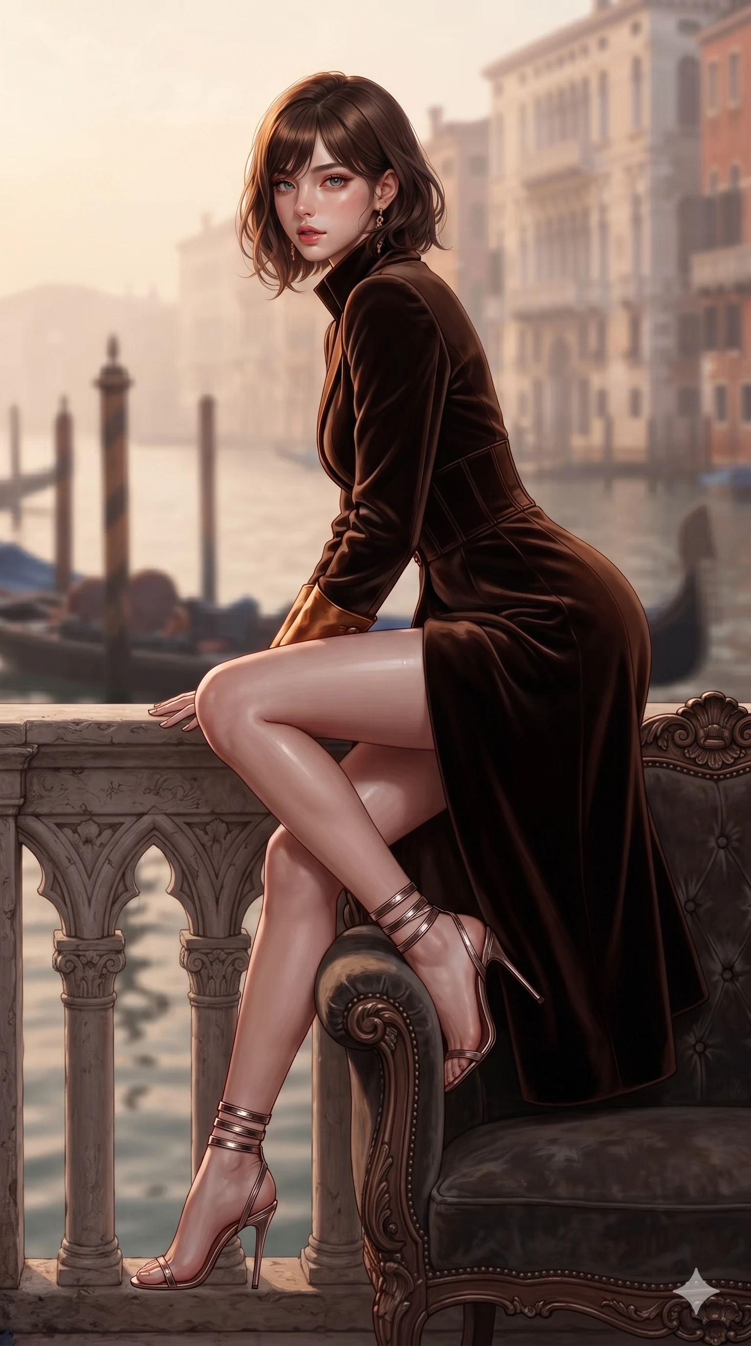 score_9, masterpiece, best quality, ultra-detailed, high-budget anime keyframe, editorial fashion photography, tasteful artistic composition, Korean woman. close-up cowboy shot from the waist and thighs up, the character dominates the composition, filling the frame with her large presence. perched sideways on the vintage settee, one knee drawn up to showcase her slender leg line while her arched back accentuates her feminine hip curve while leaning forward over the carved stone gothic balustrade with hips cocked back, looking back with sleepy seductive bedroom-eyes as water reflections dance across her silhouette. The background shows a soft-focus gently drifting morning canal mist, antique gondola mooring poles, and distant Venetian palazzo facades blurred into amber, cream, and dusty rose bokeh. She has an exceptionally elegant, slender, and willowy female figure with an ultra-slim waist, flat toned midriff, narrow ribcage, and sculpted feminine hips creating an alluring, slim hourglass silhouette without bulk. sharp v-shaped jawline, high-bridge nose, intricate jewel-like sparkling eyes with depth, thick eyelashes, glossy parted lips with a natural sheen, intensely captivating and seductive bedroom-eyes expression, exuding both youthful cute charm and sovereign luxury allure, flawlessly proportioned anatomical accuracy, strict slender model proportions, natural body alignment, perfectly sculpted long slender limbs, ultra-slim waistline, clean dynamic posture without body distortion. wearing a tailored high-collar velvet evening coat dress with structural waist cinching and satin cuff accents in rich copper bronze and warm amber, crafted from bespoke double-faced cashmere with an exceptionally soft tactile finish, complemented by strappy stiletto sandals with metallic ankle wraps accentuating her slender calves, the impeccably tailored cut draping gracefully along her slender figure with aristocratic poise. bathed in the soft romantic 2800K dawn light reflecting off the tranquil canal waters with delicate warm golden highlights. ultra-reflective glossy finish, specular highlights, rich textural contrasts, high-contrast stereoscopic depth, volumetric dynamic lighting, 2k, ultra detail, master piece, 9:16 ratio