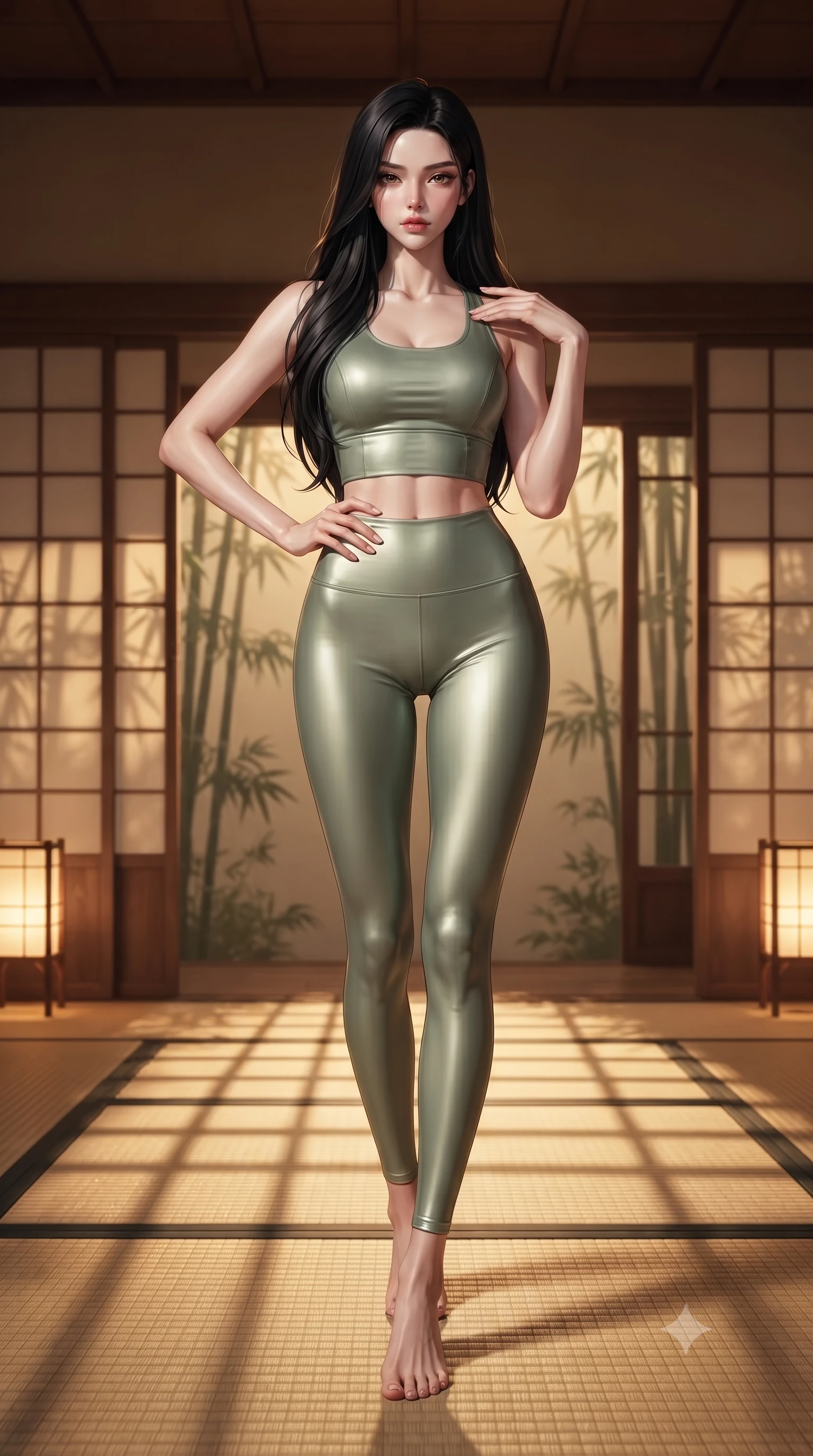 score_9, masterpiece, best quality, ultra-detailed, high-budget anime keyframe, editorial fashion photography, tasteful artistic composition, Korean woman woman. low angle full-body shot from head to toe showing her feet, filling the entire 9:16 vertical frame with her statuesque presence, stretching her vertical silhouette. posing confidently with one hand on her hip, stretching her statuesque body to emphasize her curves the background shows a soft-focus a traditional tatami room with slide paper screen doors showing a silhouette of bamboo. She has an absolutely perfect, statuesque 8.5-heads proportion, an exceptionally tall and slender model-like female figure with impossibly long slender legs and an ultra-slim waist. sharp v-shaped jawline, high-bridge nose, intricate jewel-like eyes with depth, thick eyelashes, glossy lips with a natural sheen. wearing a slim-fit form-fitting activewear set of a tailored cross-back crop top and matching tight leggings in sage green. warm golden light of paper lanterns casting horizontal grid-like shadows across the floor. ultra-reflective glossy finish, specular highlights, metallic sheen, high-contrast stereoscopic depth, volumetric dynamic lighting, 2k, ultra detail, master piece, 9:16 ratio