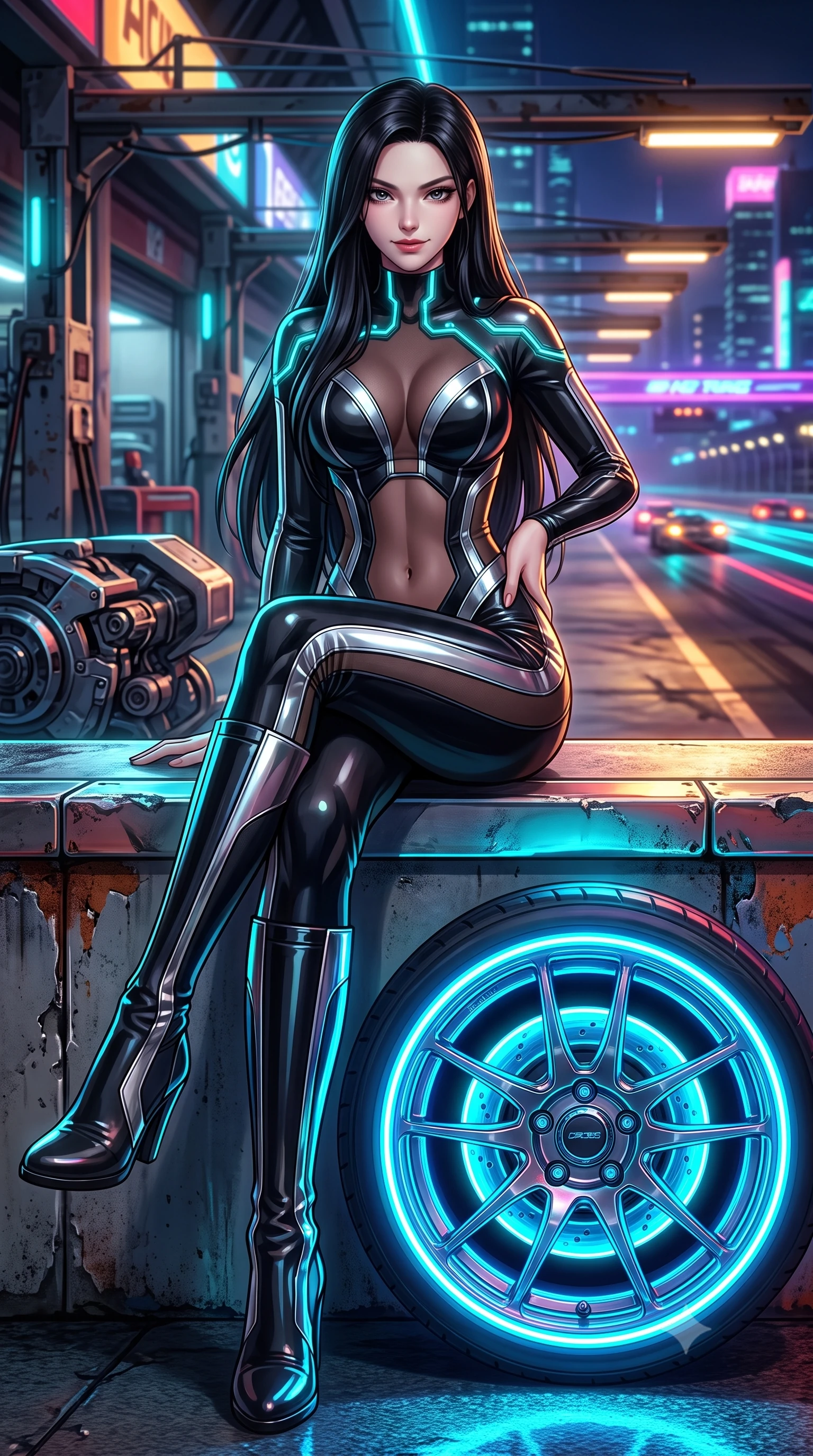 score_9, masterpiece, best quality, ultra-detailed, high-budget anime keyframe, semi-realistic 3D game render, editorial fashion photography, tasteful artistic composition, Korean woman. low angle full-body shot from head to toe showing her feet, filling the entire 9:16 vertical frame with her statuesque presence, stretching her vertical silhouette. sitting poised on the elevated edge with legs crossed and extended, her tall 8.5-heads proportions dominating the scene with effortless poise while crouching low beside a glowing neon wheel rim, one hand resting on her thigh, casting an intense, electrifying smirk. The surrounding environment is rendered in vivid detail and crisp panoramic clarity. vibrant high-contrast cyberpunk motorsport chiaroscuro and raw high-speed racing adrenaline in precision. She has an absolutely perfect, statuesque 8.5-heads proportion, an exceptionally tall and slender model-like female figure with impossibly long slender legs, a toned flat midriff, and an ultra-slim waist. sharp v-shaped jawline, high-bridge nose, intricate jewel-like eyes with depth, thick eyelashes, glossy parted lips with a natural sheen, intensely captivating and seductive expression, flawlessly proportioned anatomical accuracy, strict slender model proportions, natural body alignment, perfectly sculpted long slender limbs, ultra-slim waistline, clean dynamic posture without body distortion. wearing a second-skin motocore bodysuit with bold racing stripes and ergonomic aerodynamic knee-high boots in pitch-black vinyl and specular chrome trim, made of stretchy athletic knit with sheer mesh cutout inserts, finished with glowing cyan circuit lines tracing her collarbones and shoulders, the athletic second-skin cut highlighting her toned flat midriff and slender model proportions during dynamic action. surrounded by a fierce, electrifying, and irresistibly intoxicating motorsport queen aura. highly saturated vibrant anime colors, detailed shading with soft gradients, rich glossy textures, high-contrast stereoscopic depth, volumetric dynamic lighting, master piece, 9:16 ratio