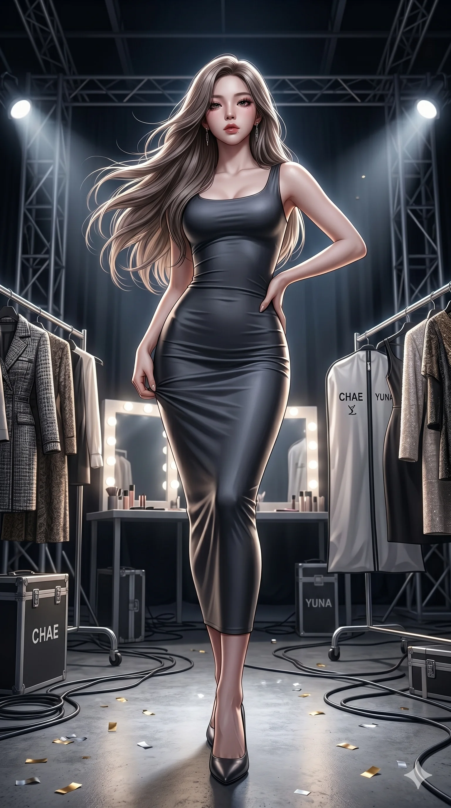 score_9, masterpiece, best quality, ultra-detailed, highly detailed CG unity 8k render, an incredibly beautiful Korean anime girl. Dynamic low angle shot filling the frame. She has an absolutely perfect 8-heads proportion, an exceptionally tall female figure with a delicate skinny figure. Her face is a highly detailed masterpiece featuring a v-shaped jawline, high-bridge nose, intricate jewel-like eyes, thick eyelashes, and glossy lips. She has ash brown flowing hair. She is wearing a incredibly tight bodycon midi dress that perfectly hugs her curves, highlighting her alluring silhouette. High-end fashion runway backstage, bright spotlighting, dramatic rim lighting, cinematic shadows, 2k, ultra detail, master piece, 9:16 ratio