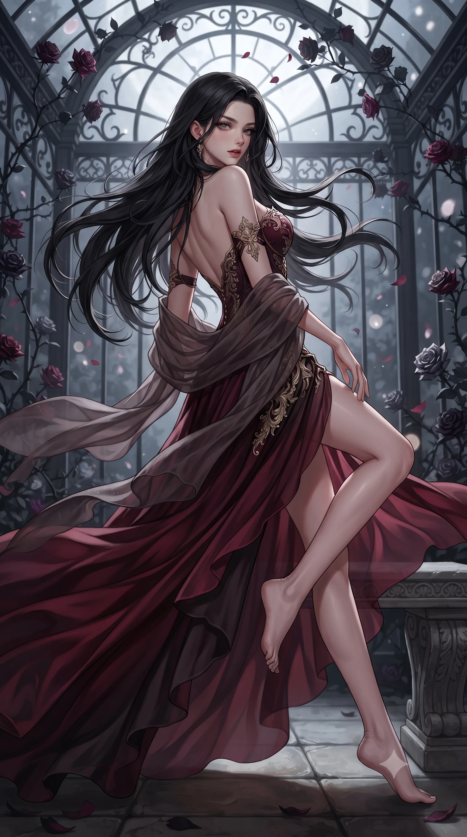score_9, masterpiece, best quality, ultra-detailed, high-budget anime keyframe, editorial fashion photography, tasteful artistic composition, Korean woman. low angle full-body shot from head to toe showing her feet, filling the entire 9:16 vertical frame with her statuesque presence, stretching her vertical silhouette. executing an elegant mid-motion turn as garments swirl around her slender limbs, glancing over her shoulder with smoldering allure while reclining languidly on an antique stone bench in a moonlit glasshouse orangerie as thorny black rose vines climb the iron rafters. The composition keeps background elements in soft focus with creamy bokeh. moonlit orangerie glass framework and blooming black rose petals blurred into deep obsidian, wine-ruby, and lunar-silver bokeh. She has an absolutely perfect, statuesque 8.5-heads proportion, an exceptionally tall and slender model-like female figure with impossibly long slender legs, a toned flat midriff, and an ultra-slim waist. sharp v-shaped jawline, high-bridge nose, intricate jewel-like eyes with depth, thick eyelashes, glossy parted lips with a natural sheen, intensely captivating and seductive expression, flawlessly proportioned anatomical accuracy, strict slender model proportions, natural body alignment, perfectly sculpted long slender limbs, ultra-slim waistline, clean dynamic posture without body distortion. wearing a baroque gold-embroidered bustier gown with exposed clavicle and structured hip boning in deep garnet and brushed dark platinum, woven from layered gossamer chiffon with a weightless sweeping drape, finished with a gossamer silk shawl draped loosely over her elbows, the dramatically scooped open back descending to the base of her spine, accentuating her razor-sharp statuesque lines and slim hourglass silhouette. illuminated by dramatic chiaroscuro key light sharply carving her slender waist, bare collarbones, and jawline. ultra-reflective glossy finish, specular highlights, rich textural contrasts, high-contrast stereoscopic depth, volumetric dynamic lighting, 2k, ultra detail, master piece, 9:16 ratio