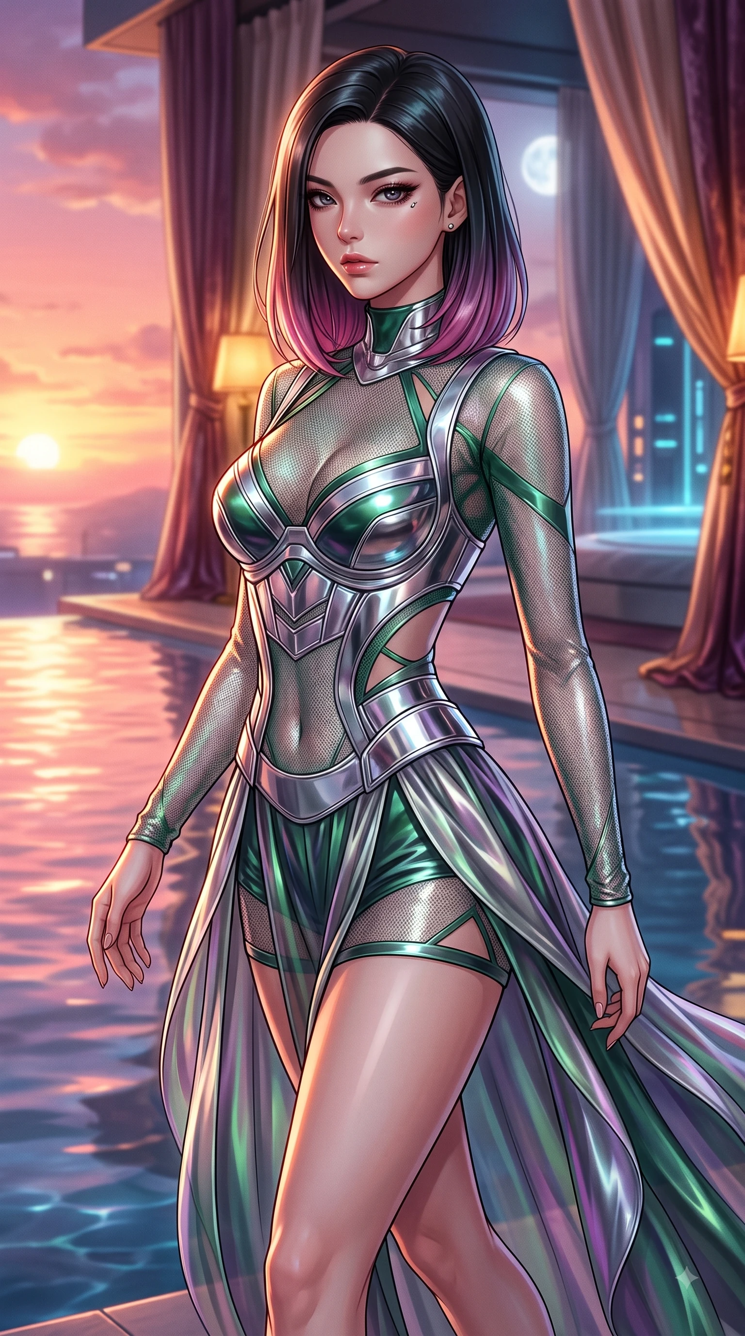 score_9, masterpiece, best quality, ultra-detailed, high-budget anime keyframe, editorial fashion photography, tasteful artistic composition, Korean woman. close-up cowboy shot from the waist and thighs up, the character dominates the composition, filling the frame with her large presence, background elements kept in soft focus. Gazing past the lens with smoldering intensity as her torso curves dynamically in mid-stride while pivoting gracefully beside an infinity reflecting pool at sunset as warm rose-gold sky light traces her form, crushed velvet sheets and silk drapery catching warm amber ambient lamp highlights. She has an exceptionally elegant, slender, and willowy female figure with an ultra-slim waist, a gracefully sculpted slender torso, and a refined silhouette. sharp v-shaped jawline, high-bridge nose, intricate jewel-like eyes with depth, thick eyelashes, glossy lips with a natural sheen, flawlessly proportioned anatomical accuracy, natural body alignment, perfectly sculpted elegant limbs, clean dynamic posture without body distortion. wearing a chrome-plated structured bodice worn over a sheer mesh top and micro-shorts in deep emerald green and silver accent, crafted from iridescent chiffon that shifts colors in the light, featuring subtle geometric cutouts that highlight her ultra-slim midriff, the sleek second-skin texture accentuating her magnetic presence. bathed in warm luxury ambient lighting and soft silver moonlight tracing every curve. highly saturated vibrant anime colors, detailed shading with soft gradients, rich glossy textures, high-contrast stereoscopic depth, volumetric dynamic lighting, master piece, 9:16 ratio