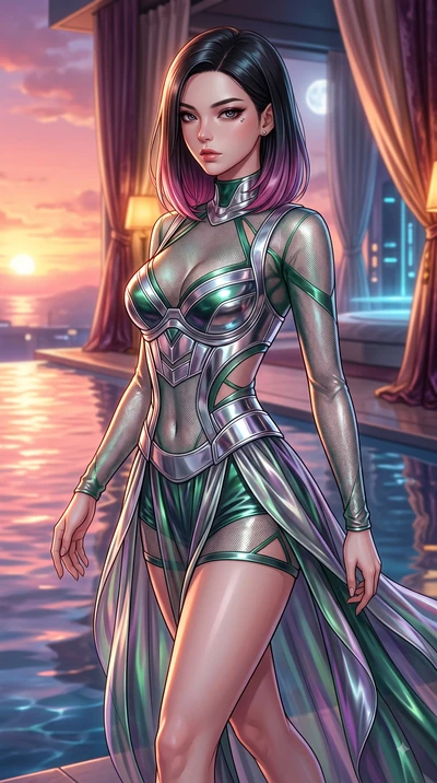 score_9, masterpiece, best quality, ultra-detailed, high-budget anime keyframe, editorial fashion photography, tasteful artistic composition, Korean woman. close-up cowboy shot from the waist and thighs up, the character dominates the composition, fi