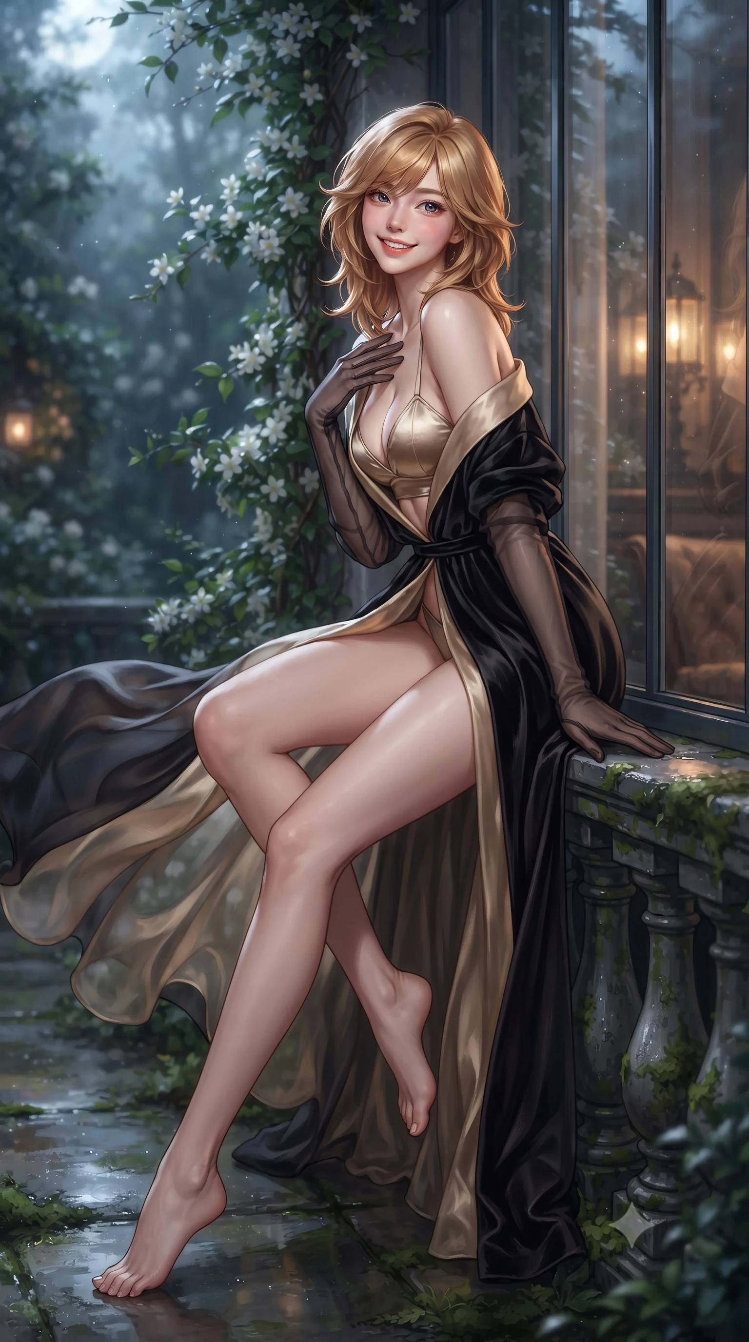 score_9, masterpiece, best quality, ultra-detailed, high-budget anime keyframe, editorial fashion photography, tasteful artistic composition, Korean woman. low angle full-body shot from head to toe showing her feet, filling the entire 9:16 vertical frame with her statuesque presence, stretching her vertical silhouette. posing in a classic haute-couture S-curve stance beside the floor-to-ceiling window, looking over a bare shoulder with magnetic presence while sitting gracefully on the damp garden balustrade with legs crossed, flashing a radiant, flirtatious smile toward the lens. The background shows a soft-focus climbing jasmine vines softened in secluded lagoon garden romance shallow focus. She has an exceptionally tall and slender model-like 8.5-heads proportion, an ultra-slim waist, a flat toned midriff, narrow delicate ribcage, and beautifully sculpted feminine hips creating a graceful, slim hourglass silhouette without any bulky heaviness, with impossibly long slender legs. sharp v-shaped jawline, high-bridge nose, intricate jewel-like sparkling eyes with depth, thick eyelashes, glossy parted lips with a natural peach sheen, bright cheerful beaming smile with an enchanting and coquettish sensual glint, exuding both youthful cute charm and seductive allure, flawlessly proportioned anatomical accuracy, strict slender model proportions, natural body alignment, perfectly sculpted long slender limbs, ultra-slim waistline, clean dynamic posture without body distortion. wearing a flowing gossamer silk organza boudoir peignoir slipping off one shoulder over a form-fitting satin bralette in midnight noir obsidian black and pure champagne gold, tailored from ultra-plush silk velvet with rich tactile depth and deep shadow gradients, complemented by sheer opera-length evening gloves tracing her slender arms, the glove-like clinging cut tightly following the natural contour of her hips and long slender legs with youthful 8.5-heads elegance. bathed in the magical cool silver moonlight filtering through garden foliage mixed with warm lantern spill from palace windows. ultra-reflective glossy finish, specular highlights, rich textural contrasts, high-contrast stereoscopic depth, volumetric dynamic lighting, 2k, ultra detail, master piece, 9:16 ratio
