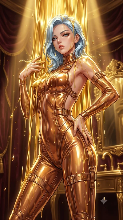 score_9, masterpiece, best quality, ultra-detailed, High-budget Anime Keyframe, East Asian woman. Low angle cowboy shot filling the entire 9:16 frame with her statuesque presence. Scenario 498: standing under a waterfall of liquid gold, the fluid coa