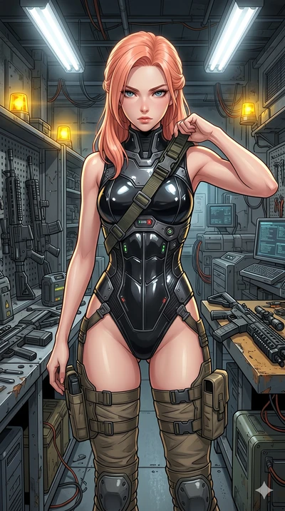 score_9, masterpiece, best quality, ultra-detailed, high-budget anime keyframe, Japanese woman. Upper body close-up from the thighs up, character filling the screen for maximum presence. Inside a weapons garage, checking a sci-fi gear set, fastening 