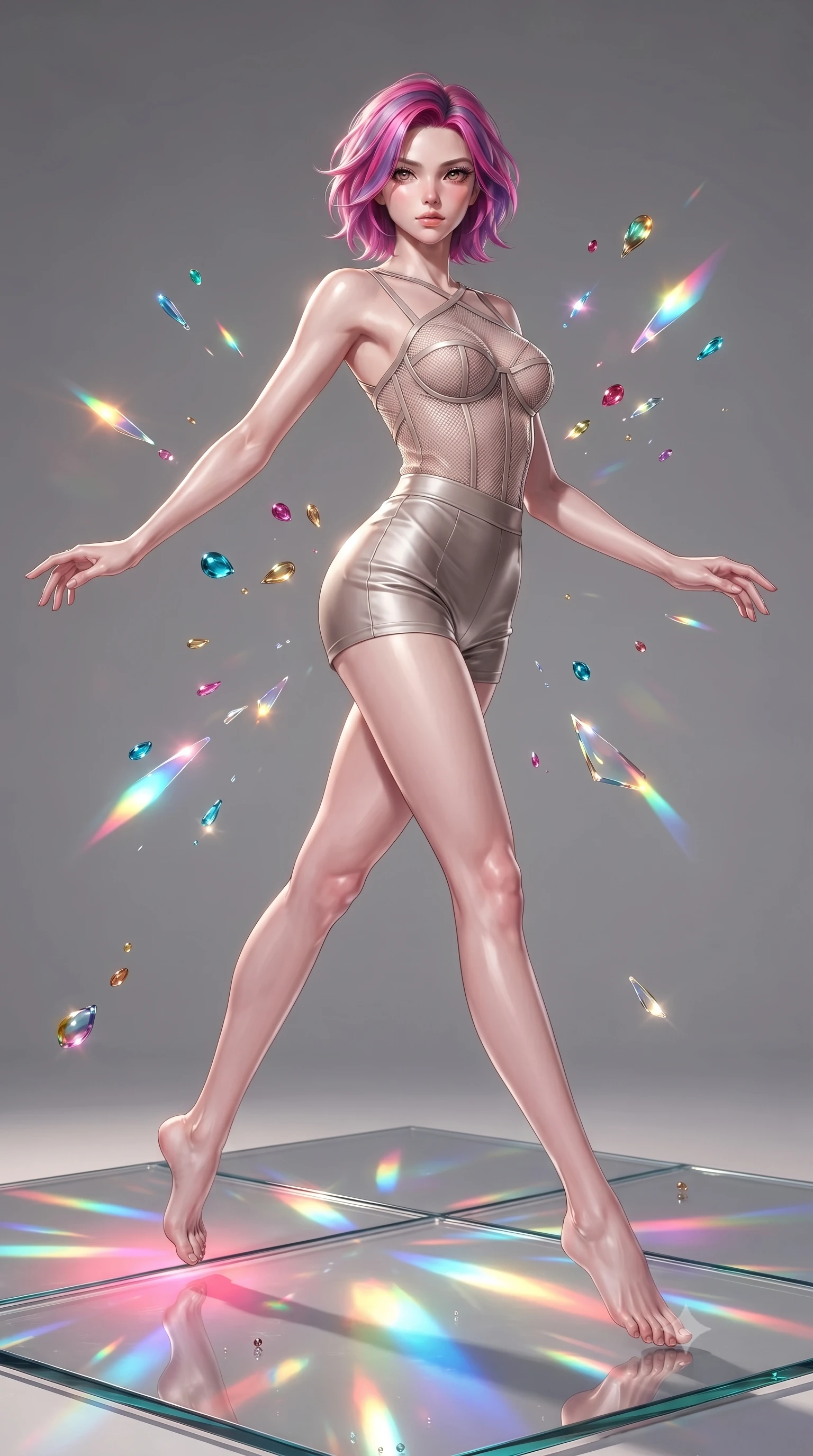 score_9, masterpiece, best quality, ultra-detailed, high-budget anime keyframe, editorial fashion photography, tasteful artistic composition, Caucasian woman. low angle full-body shot from head to toe showing her feet, filling the entire 9:16 vertical frame with her statuesque presence, stretching her vertical silhouette. leaping gracefully through mid-air with statuesque elegance, her impossibly long slender legs stretched in perfect balance while pivoting gracefully on a glass floor drenched in vibrant multi-color light reflections, vibrant paint droplets frozen in time casting specular highlights. She has an absolutely perfect, statuesque 8.5-heads proportion, an exceptionally tall and slender model-like female figure with impossibly long slender legs and an ultra-slim waist. sharp v-shaped jawline, high-bridge nose, intricate jewel-like eyes with depth, thick eyelashes, glossy lips with a natural sheen, flawlessly proportioned anatomical accuracy, natural body alignment, perfectly sculpted elegant limbs, clean dynamic posture without body distortion. wearing a delicate see-through mesh top with structured cup boning and micro-shorts in muted taupe and soft ivory, crafted from smooth liquid silk, complemented by criss-cross back straps highlighting her bare shoulders, the glove-like fit emphasizing her statuesque silhouette during motion. illuminated by high-contrast studio spotlights with sharp specular highlights. ultra-reflective glossy finish, specular highlights, metallic sheen, high-contrast stereoscopic depth, volumetric dynamic lighting, 2k, ultra detail, master piece, 9:16 ratio