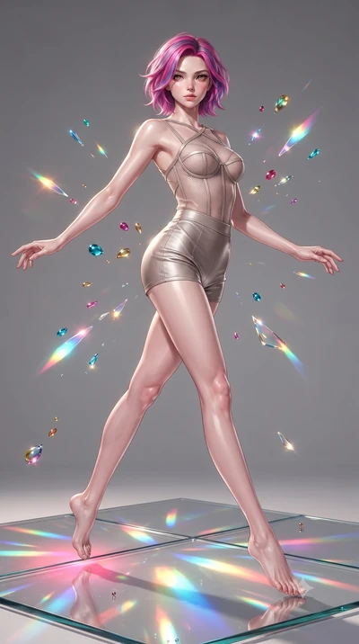 score_9, masterpiece, best quality, ultra-detailed, high-budget anime keyframe, editorial fashion photography, tasteful artistic composition, Caucasian woman. low angle full-body shot from head to toe showing her feet, filling the entire 9:16 vertica