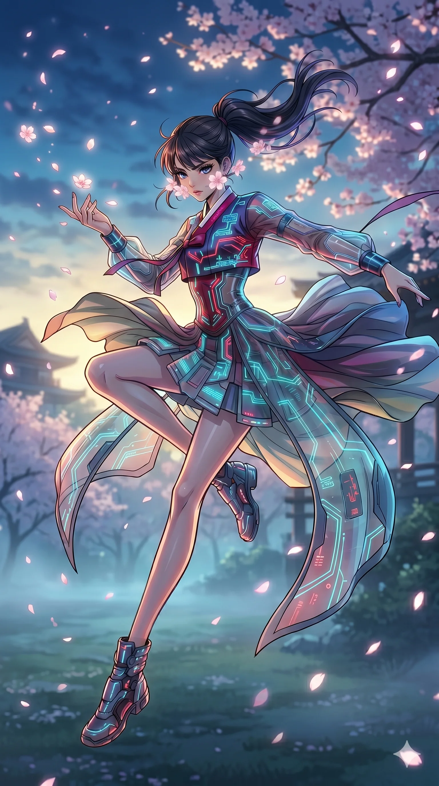 score_9, masterpiece, best quality, ultra-detailed, high-budget anime movie keyframe, cinematic anime lighting, intricate line art, Japanese woman. Low angle cowboy shot capturing a powerful motion and statuesque presence. twisting in mid-air while catching falling cherry blossoms at dawn. She has an absolutely perfect 8-heads proportion, an exceptionally tall and slender female figure with an ultra-slim waist and impossibly long slender legs. strictly human anatomy, two legs only, no extra limbs, clearly defined legs and arms, perfect anatomy, perfect hands and fingers. sharp v-shaped jawline, high-bridge nose, intricate jewel-like eyes, thick eyelashes, glossy lips. Wearing Modern Traditional: Shortened cyber-hanbok with fusion silk robes and transparent panels. The scene is illuminated by dramatic atmospheric lighting and vibrant color palettes. , 2k, ultra detail, master piece, 9:16 ratio
