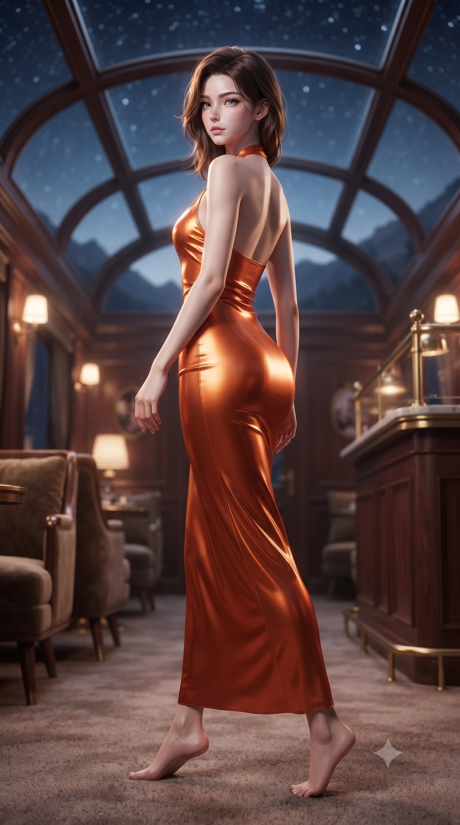 score_9, masterpiece, best quality, ultra-detailed, high-budget anime keyframe, editorial fashion photography, tasteful artistic composition, Korean woman. low angle full-body shot from head to toe showing her feet, filling the entire 9:16 vertical frame with her statuesque presence, stretching her vertical silhouette. stepping gracefully while looking back over her shoulder, her dress draped tightly to reveal her silhouette the background shows a soft-focus a scenic train bar lounge with glass ceilings showing stars and mountain outlines. She has an absolutely perfect, statuesque 8.5-heads proportion, an exceptionally tall and slender model-like female figure with impossibly long slender legs and an ultra-slim waist. sharp v-shaped jawline, high-bridge nose, intricate jewel-like eyes with depth, thick eyelashes, glossy lips with a natural sheen. wearing a body-hugging form-fitting liquid silk halter-neck maxi dress in sunset orange, draped elegantly to highlight her slender frame. soft silver moonlight wrapping her silhouette in a cool cosmic glow. ultra-reflective glossy finish, specular highlights, metallic sheen, high-contrast stereoscopic depth, volumetric dynamic lighting, 2k, ultra detail, master piece, 9:16 ratio