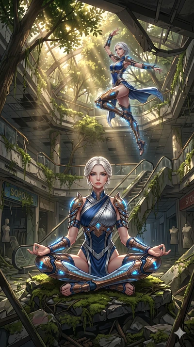score_9, masterpiece, best quality, ultra-detailed, Set A: High-budget Anime Keyframe, Korean woman. Low angle cowboy shot filling the entire 9:16 frame with her statuesque presence. Theme: Historical Remix. meditating in a ruined overgrown shopping 