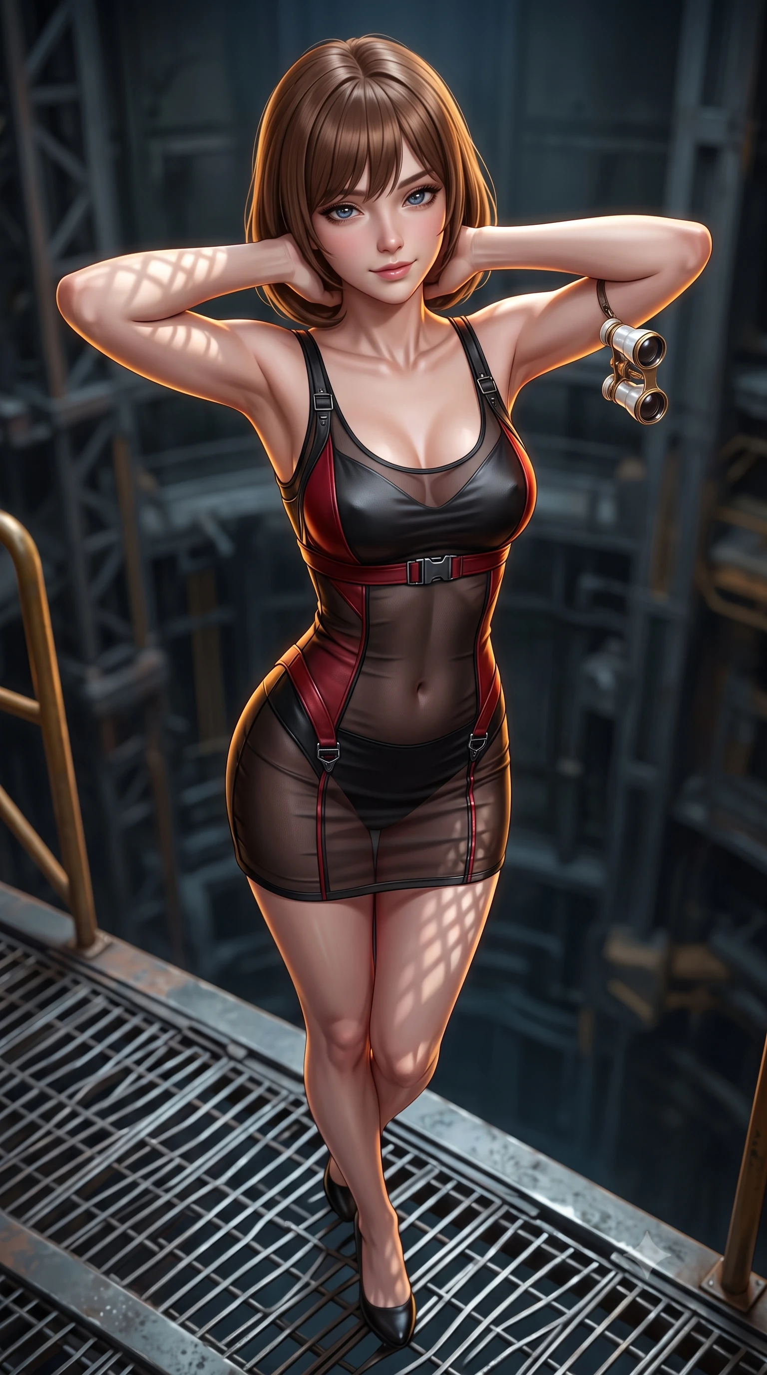 score_9, masterpiece, best quality, ultra-detailed, high-budget anime keyframe, semi-realistic 3D game render, editorial fashion photography, tasteful artistic composition, Caucasian woman. close-up cowboy shot from the waist and thighs up, the character dominates the composition, filling the frame with her large presence. resting both hands lightly behind her neck with elbows raised, arching her spine to highlight her narrow waist, flat midriff, and breathtaking collarbones while standing poised on the industrial metal grating catwalk high above the silo chasm, arching her back with breathless operative glamour. The background shows a soft-focus deep silo shaft depths softened in industrial sci-fi shallow focus. She has an exceptionally elegant, slender, and willowy female figure with an ultra-slim waist, flat toned midriff, narrow ribcage, and sculpted feminine hips creating an alluring, slim hourglass silhouette without bulk. sharp v-shaped jawline, high-bridge nose, sparkling eyes with hypnotic seductive depth, thick curled eyelashes, glossy parted lips with a natural dewy peach sheen, alluring bedroom-eyes with an enchanting coquettish smile, exuding magnetic siren charisma and sophisticated glamour, flawlessly proportioned anatomical accuracy, strict slender model proportions, natural body alignment, perfectly sculpted long slender limbs, ultra-slim waistline, clean dynamic posture without body distortion. wearing a sheer black tactical gauze slip dress worn over a liquid satin undergarment, hugging her flat midriff and hips in matte obsidian black and tactical crimson red with gunmetal hardware, woven from buttery-soft stretch lambskin leather adhering to her body like a second skin, accented with an antique mother-of-pearl opera glass held casually in one hand, the second-skin tailored fabric adhering flawlessly to her sculpted flat midriff and slender torso, emphasizing her long leg lines and perfectly proportioned willowy build. illuminated by steel grating reflection fill and sharp amber-gold rim lighting defining her jawline, ultra-slim waist, and curvy hips. highly saturated vibrant anime colors, detailed shading with soft gradients, rich glossy textures, high-contrast stereoscopic depth, volumetric dynamic lighting, master piece, 9:16 ratio