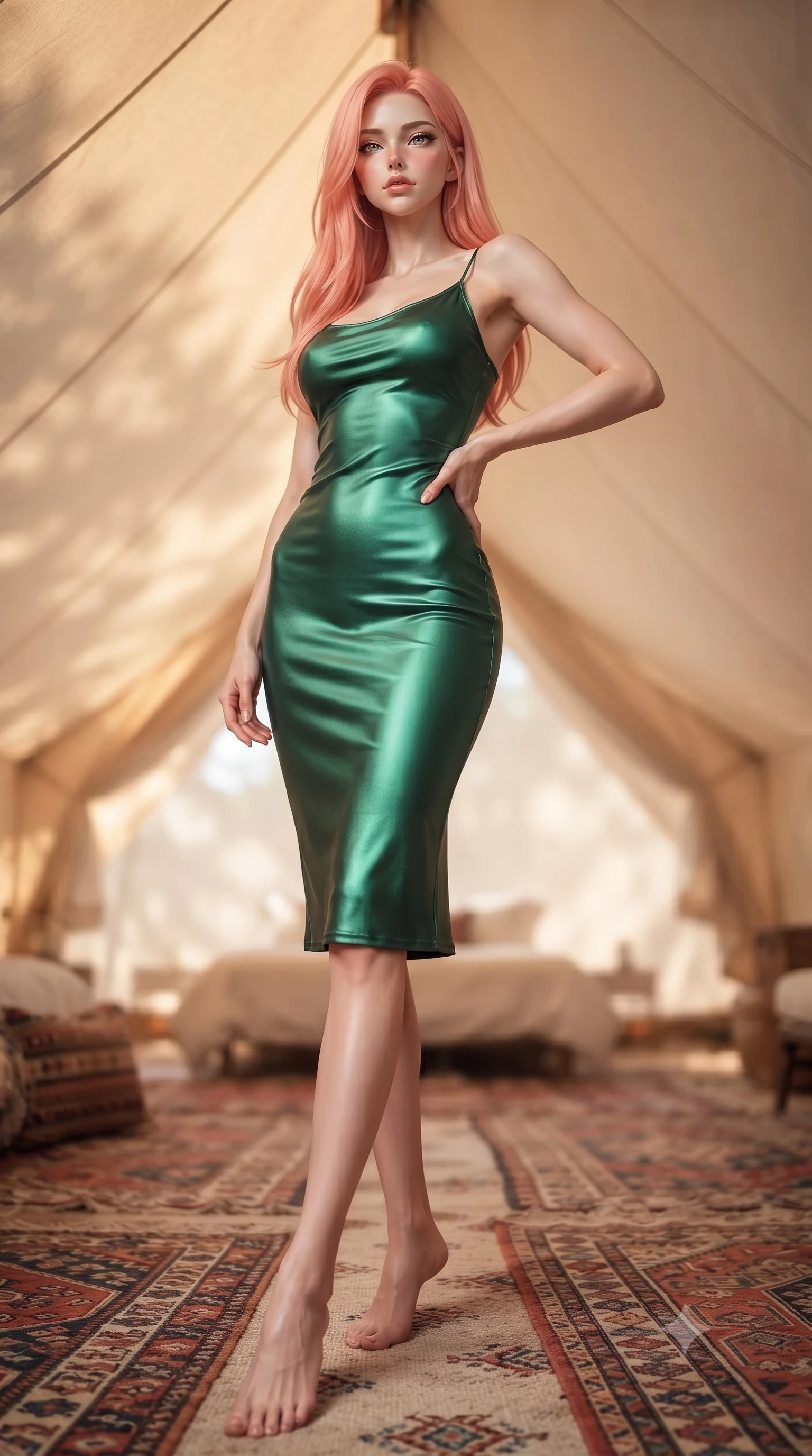 score_9, masterpiece, best quality, ultra-detailed, high-budget anime keyframe, editorial fashion photography, tasteful artistic composition, Japanese woman. low angle full-body shot from head to toe showing her feet, filling the entire 9:16 vertical frame with her statuesque presence, stretching her vertical silhouette. posing confidently with one hand on her hip, stretching her statuesque body to emphasize her curves the background shows a soft-focus the interior of a glamping tent with a plush bed, bohemian carpets, and canvas walls. She has an absolutely perfect, statuesque 8.5-heads proportion, an exceptionally tall and slender model-like female figure with impossibly long slender legs and an ultra-slim waist. sharp v-shaped jawline, high-bridge nose, intricate jewel-like eyes with depth, thick eyelashes, glossy lips with a natural sheen. wearing a slim-fit form-contouring emerald green silk slip dress that hugs her slender waist and hips. soft diffused daylight filtering through the canvas, creating a warm ambient glow. ultra-reflective glossy finish, specular highlights, metallic sheen, high-contrast stereoscopic depth, volumetric dynamic lighting, 2k, ultra detail, master piece, 9:16 ratio