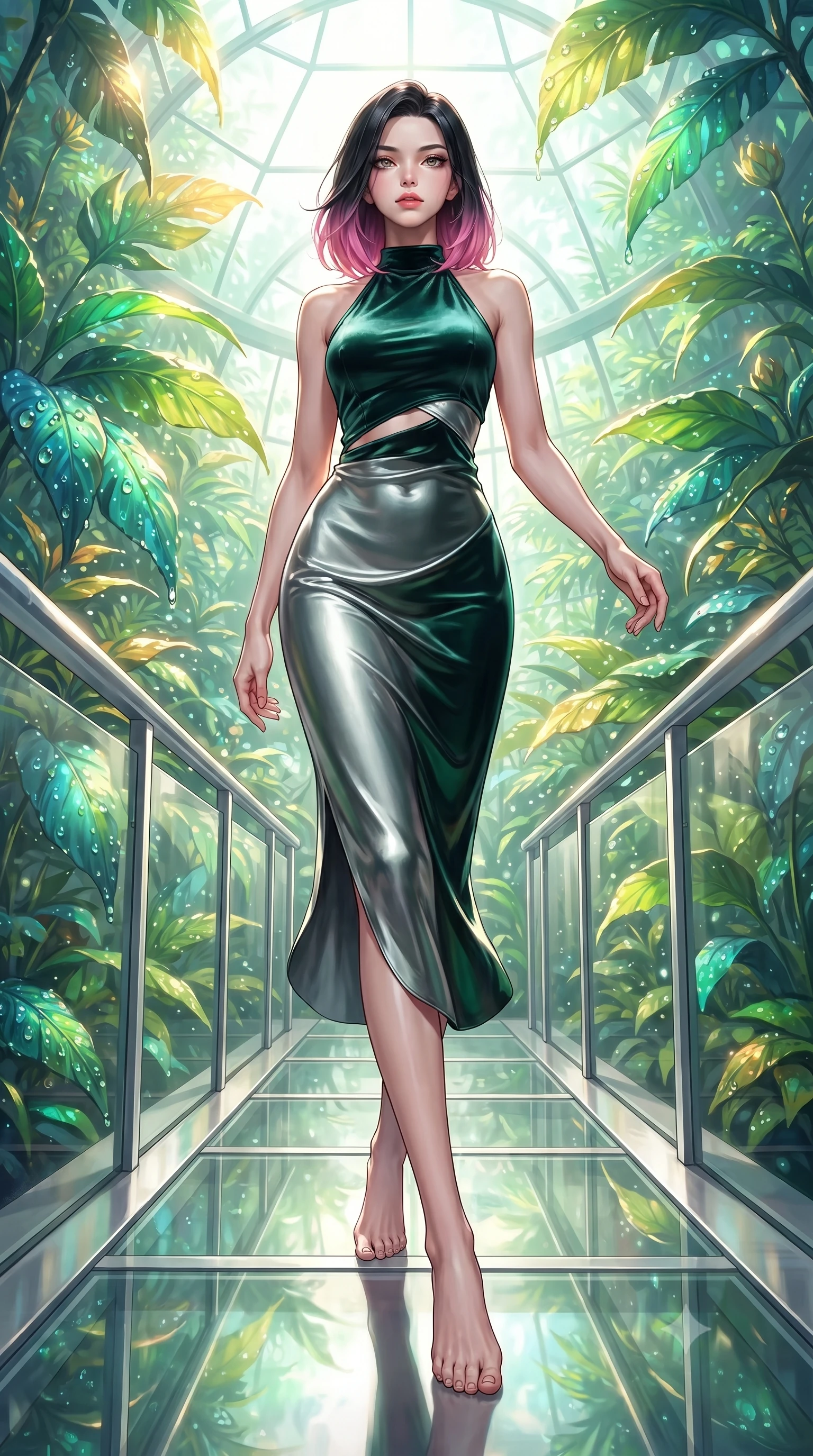 score_9, masterpiece, best quality, ultra-detailed, high-budget anime keyframe, editorial fashion photography, tasteful artistic composition, Korean woman. low angle full-body shot from head to toe showing her feet, filling the entire 9:16 vertical frame with her statuesque presence, stretching her vertical silhouette. navigating the luminous space with effortless poise, displaying her perfect model proportions walking along a platinum-framed glass walkway in a sunlit botanical dome, dewdrops on bioluminescent leaves reflecting vibrant emerald and gold. She has an absolutely perfect, statuesque 8.5-heads proportion, an exceptionally tall and slender model-like female figure with impossibly long slender legs and an ultra-slim waist. sharp v-shaped jawline, high-bridge nose, intricate jewel-like eyes with depth, thick eyelashes, glossy lips with a natural sheen. wearing a velvet halter-neck midi dress following her form like a glove in deep emerald green and silver accent, crafted from lustrous satin jersey with fluid draping, featuring subtle geometric cutouts that highlight her ultra-slim midriff, the sleek second-skin texture accentuating her magnetic presence. surrounded by a bright, airy ambiance with radiant white and green highlights. ultra-reflective glossy finish, specular highlights, metallic sheen, high-contrast stereoscopic depth, volumetric dynamic lighting, 2k, ultra detail, master piece, 9:16 ratio