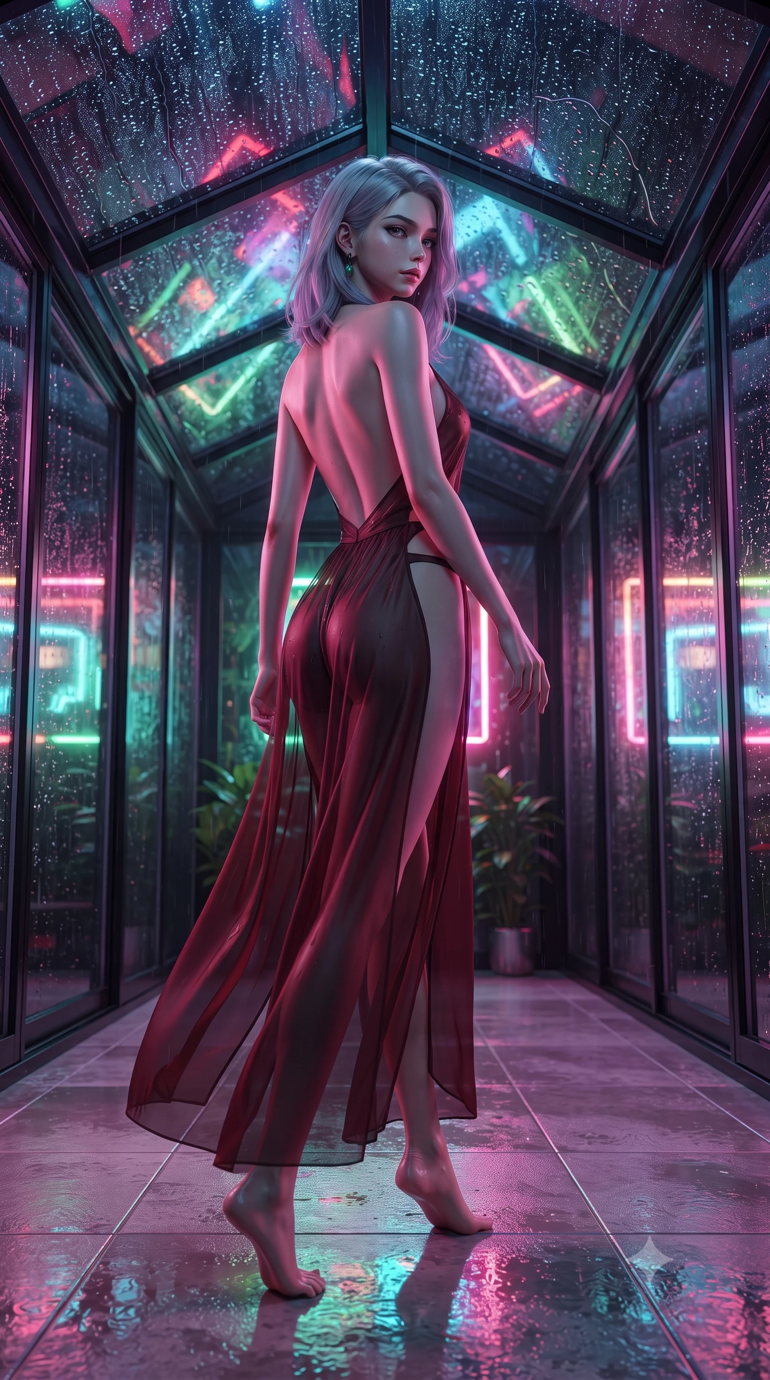 score_9, masterpiece, best quality, ultra-detailed, high-budget anime keyframe, editorial fashion photography, tasteful artistic composition, Caucasian woman. low angle full-body shot from head to toe showing her feet, filling the entire 9:16 vertical frame with her statuesque presence, stretching her vertical silhouette. walking along the terrace with poise, looking back over her bare shoulder with an irresistible smoldering bedroom-gaze while twisting her slender torso in an alluring contrapposto stance, raindrops drumming on glass above as neon reflections wash over her curves. The surrounding environment is rendered in vivid detail and crisp panoramic clarity: detailed wet-look latex cheongsam mini dress cling, jade earring shine, and retro-futuristic greenhouse framing in razor-sharp precision. She has an absolutely perfect, statuesque 8.5-heads proportion, an exceptionally tall and slender model-like female figure with impossibly long slender legs, an ultra-slim waist, a flat toned midriff, narrow delicate ribcage, and beautifully sculpted feminine hips creating a graceful, slim hourglass silhouette without any bulky heaviness. sharp v-shaped jawline, high-bridge nose, sparkling eyes with hypnotic seductive depth, thick curled eyelashes, glossy parted lips with a natural dewy peach sheen, alluring bedroom-eyes with an enchanting coquettish smile, exuding magnetic siren charisma and sophisticated glamour, flawlessly proportioned anatomical accuracy, strict slender model proportions, natural body alignment, perfectly sculpted long slender limbs, ultra-slim waistline, clean dynamic posture without body distortion. wearing a backless plunge-front silk satin jumpsuit with fluid wide-leg silhouette and side hip cutouts in rich cherry lacquer and smoky charcoal, made of sheer gossamer chiffon that drapes softly against skin with airy translucence, complemented by strappy stiletto sandals with crystal ankle wraps accentuating her slender calves, the high-slit wrap tailoring accentuating her ultra-slim waistline and the enchanting curve of her feminine hips with alluring seductive charm. bathed in dynamic shifting multi-color neon light transmitted through rain-streaked exterior glass. ultra-reflective glossy finish, specular highlights, rich textural contrasts, high-contrast stereoscopic depth, volumetric dynamic lighting, 2k, ultra detail, master piece, 9:16 ratio