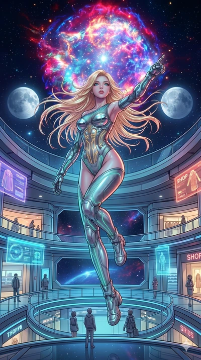 score_9, masterpiece, best quality, ultra-detailed, high-budget anime movie keyframe, cinematic anime lighting, intricate line art, Japanese woman. Dynamic full-body shot stretching the vertical silhouette across the 9:16 frame. observing a supernova