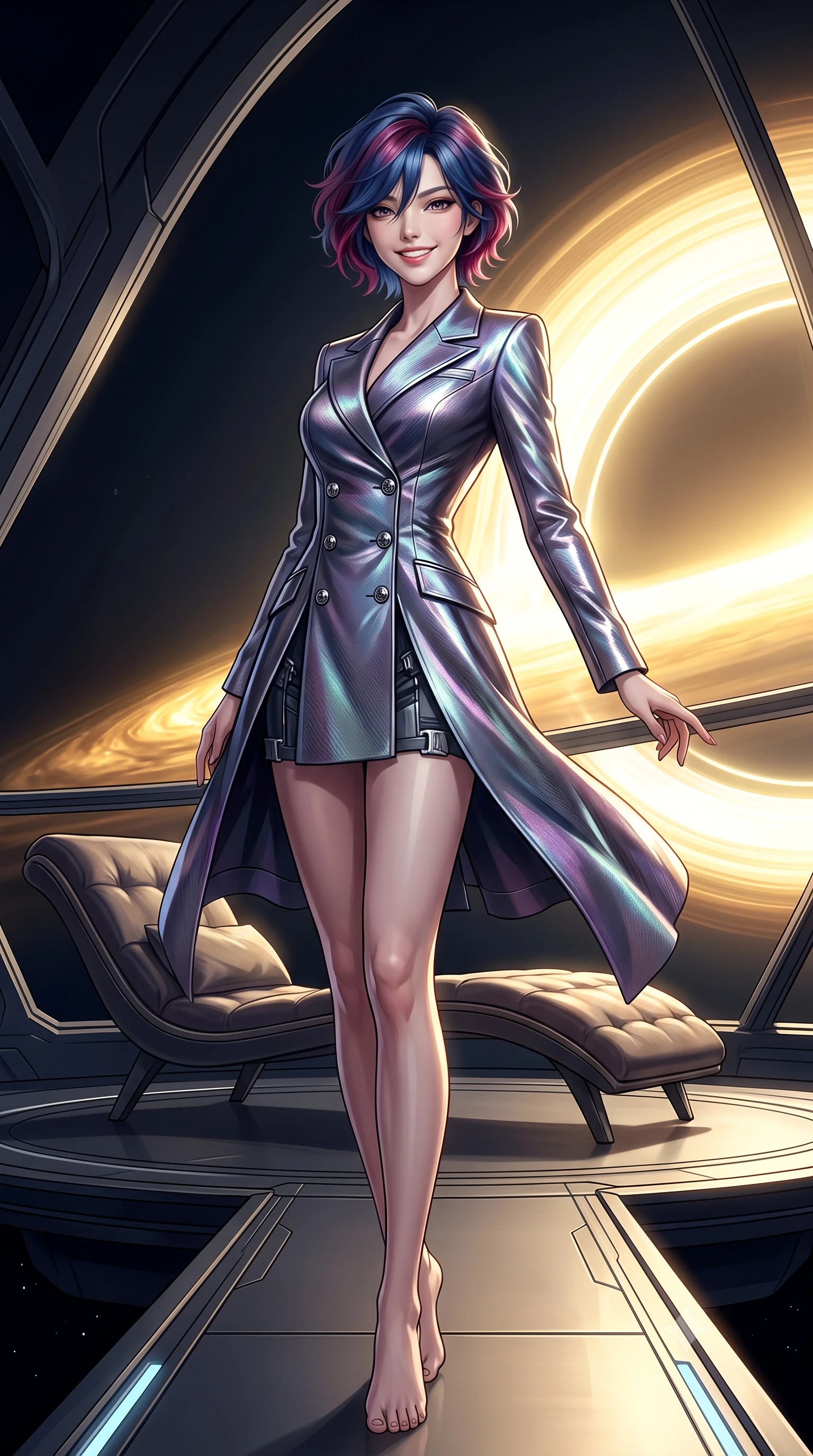 score_9, masterpiece, best quality, ultra-detailed, high-budget anime keyframe, editorial fashion photography, tasteful artistic composition, Korean woman. low angle full-body shot from head to toe showing her feet, filling the entire 9:16 vertical frame with her statuesque presence, stretching her vertical silhouette. reclining gracefully across the plush chaise lounge with one leg extended, her sculpted silhouette and flat midriff radiating magnetic nocturnal glamour while standing poised on the cantilevered observation bridge before the monumental golden accretion disk of the singularity core, arching her lower back with sovereign supermodel grace. The surrounding environment is rendered in vivid detail and crisp panoramic clarity: detailed garment tailoring, futuristic hardware accents, and monumental interstellar starship architecture in high resolution. She has an exceptionally tall and slender model-like 8.5-heads proportion, an ultra-slim waist, a flat toned midriff, narrow delicate ribcage, and beautifully sculpted feminine hips creating a graceful, slim hourglass silhouette without any bulky heaviness, with impossibly long slender legs. sharp v-shaped jawline, high-bridge nose, intricate jewel-like sparkling eyes with depth, thick eyelashes, glossy parted lips with a natural peach sheen, bright cheerful beaming smile with an enchanting and coquettish sensual glint, exuding both youthful cute charm and seductive allure, flawlessly proportioned anatomical accuracy, strict slender model proportions, natural body alignment, perfectly sculpted long slender limbs, ultra-slim waistline, clean dynamic posture without body distortion. wearing a tailored double-breasted iridescent silk lamé coat dress with metallic button closures in liquid mercury chrome and deep midnight obsidian, woven from structured carbon-fiber jacquard with rich textural depth, finished with sleek magnetic buckle closures fluttering in the breeze, the impeccably tailored cut draping gracefully along her slender figure with aristocratic poise. bathed in the blinding golden synchrotron radiation of the accretion disk contrasted with deep obsidian shadow gradients. ultra-reflective glossy finish, specular highlights, rich textural contrasts, high-contrast stereoscopic depth, volumetric dynamic lighting, 2k, ultra detail, master piece, 9:16 ratio