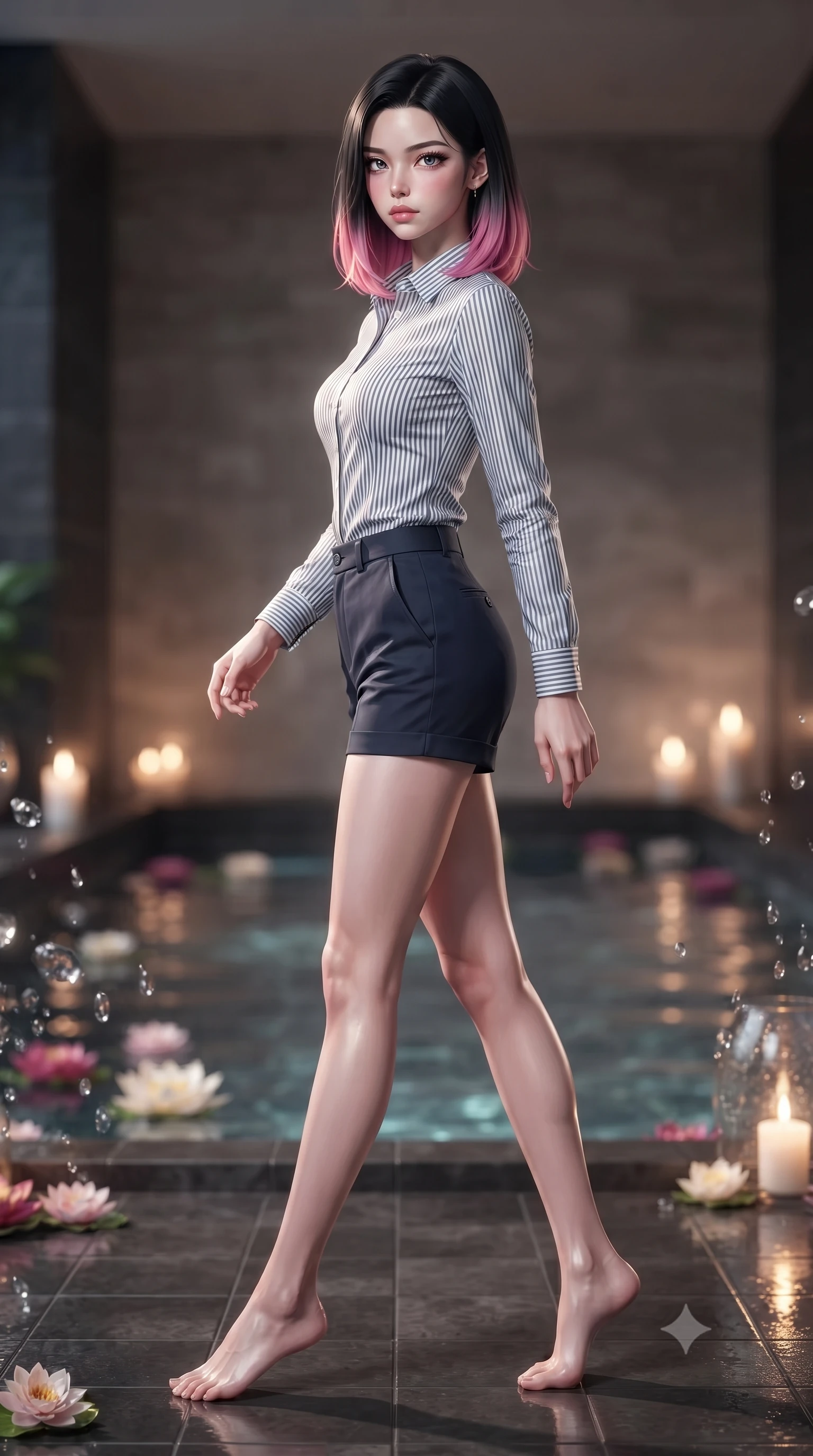 score_9, masterpiece, best quality, ultra-detailed, high-budget anime keyframe, editorial fashion photography, tasteful artistic composition, Korean woman woman. low angle full-body shot from head to toe showing her feet, filling the entire 9:16 vertical frame with her statuesque presence, stretching her vertical silhouette. stepping gracefully while looking back over her shoulder, her dress draped tightly to reveal her silhouette the background shows a soft-focus a private indoor spa pool with dark tiled floors and floating flower blossoms. She has an absolutely perfect, statuesque 8.5-heads proportion, an exceptionally tall and slender model-like female figure with impossibly long slender legs and an ultra-slim waist. sharp v-shaped jawline, high-bridge nose, intricate jewel-like eyes with depth, thick eyelashes, glossy lips with a natural sheen. wearing a slim-fit tailored striped dress shirt with a neat collar and navy chino shorts. soft flickering candle glow refracting through the moving water droplets. ultra-reflective glossy finish, specular highlights, metallic sheen, high-contrast stereoscopic depth, volumetric dynamic lighting, 2k, ultra detail, master piece, 9:16 ratio
