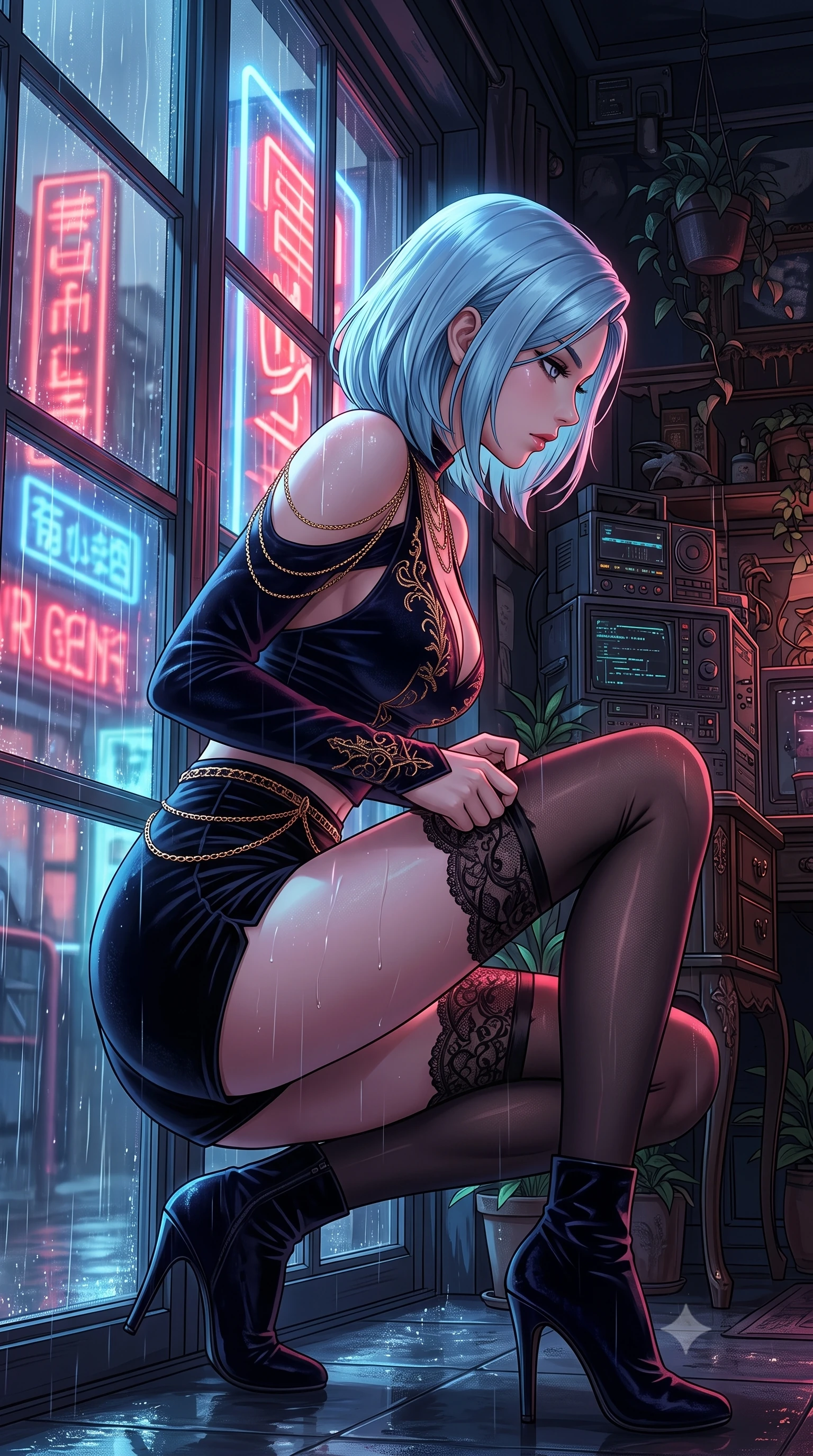 score_9, masterpiece, best quality, ultra-detailed, High-budget Anime Keyframe, East Asian woman. Dynamic full-body shot stretching the vertical silhouette to the limit. Scenario 252: adjusting her thigh-high stocking near a glowing neon window at twilight with soft rain falling. Her presence is magnetic and overpowering in this high-budget anime scene. Outfit 252: a body-hugging crushed dark velvet dangerous with a low-cut shoulder and fine gold chains. The clothing is designed to emphasize her exceptionally tall and slender 8-heads proportion. 8-heads proportion, towering silhouette, ultra-slim waist. sharp v-shaped jawline, intricate jewel-like eyes with depth, thick eyelashes, glossy lips. 2k, ultra detail, master piece, 9:16 ratio