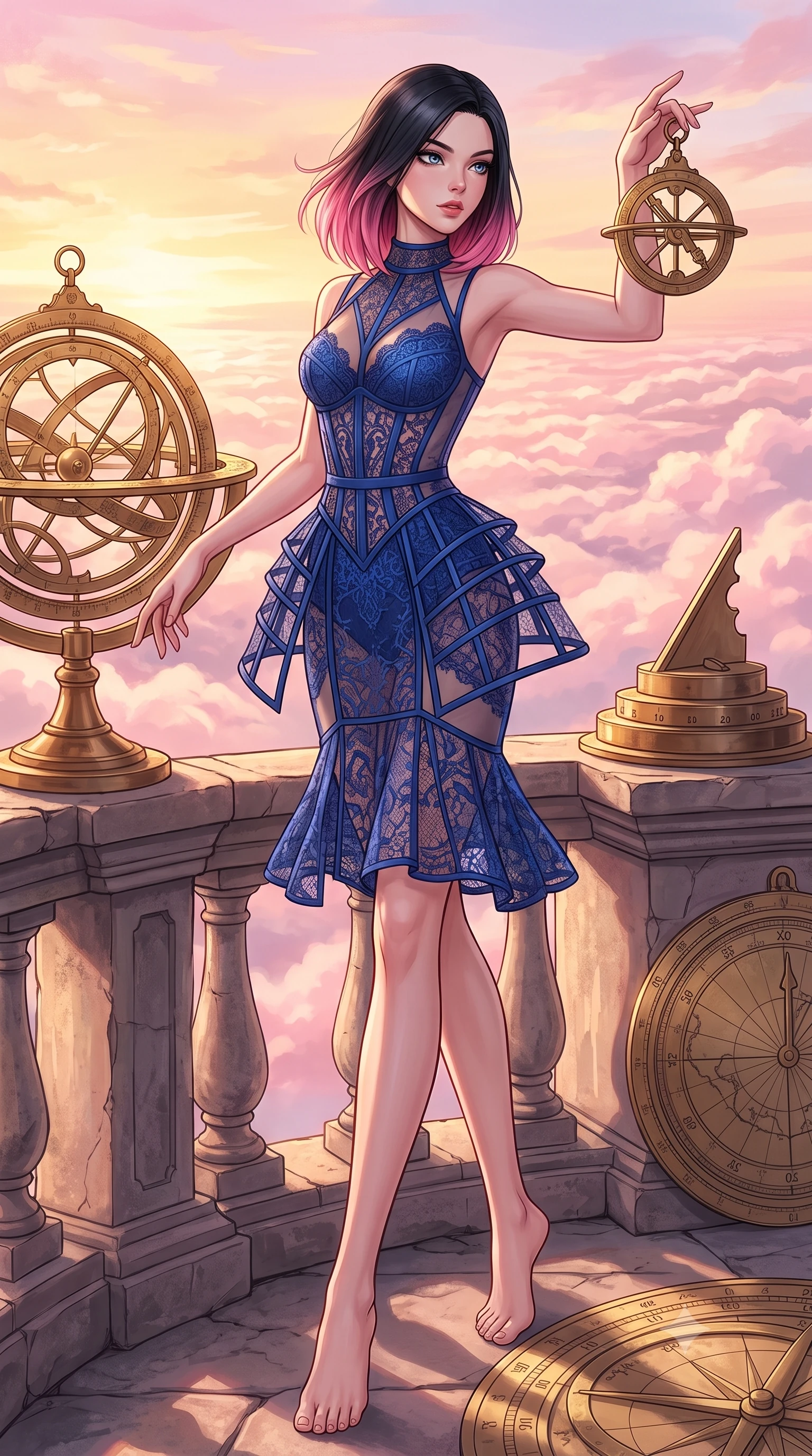 score_9, masterpiece, best quality, ultra-detailed, high-budget anime keyframe, editorial fashion photography, tasteful artistic composition, Korean woman. low angle full-body shot from head to toe showing her feet, filling the entire 9:16 vertical frame with her statuesque presence, stretching her vertical silhouette. navigating with fluid, playful motion through standing on the balcony of an ancient stone observatory with rotating brass astrolabes, looking out over a sea of pink-tinted clouds. She has a statuesque 8.5-heads proportion, an exceptionally tall, slender and willowy model-like build with impossibly long legs and a highly sculpted ultra-slim waist. sharp v-shaped jawline, high-bridge nose, intricate jewel-like eyes with depth, thick eyelashes, glossy lips with a natural sheen. wearing a lace cage dress in cobalt blue, with a detailed corset waist and sheer panels that highlight her slender torso. warm dawn light reflecting off the brass instruments, painting the sky in pastel hues of pink and gold. 2k, ultra detail, master piece, 9:16 ratio