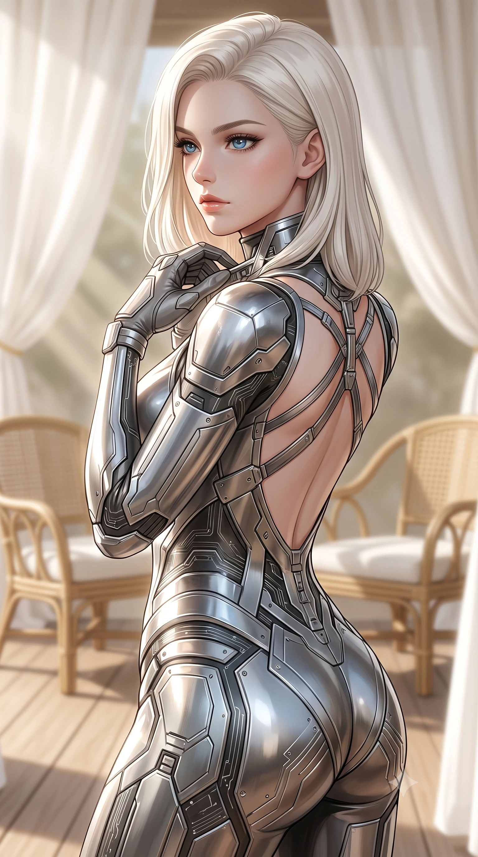 score_9, masterpiece, best quality, ultra-detailed, high-budget anime keyframe, editorial fashion photography, tasteful artistic composition, Caucasian woman. close-up cowboy shot from the waist and thighs up, the character dominates the composition, filling the frame with her large presence, background elements kept in soft focus. adjusting the high collar of her body-hugging suit, looking past the camera with quiet, sharp focus and a composed expression, the background shows a soft-focus a tea pavilion deck with rattan chairs and white cotton drapes. She has an exceptionally elegant, slender, and willowy female figure with an ultra-slim waist, a gracefully sculpted slender torso, and a refined silhouette. sharp v-shaped jawline, high-bridge nose, intricate jewel-like eyes with depth, thick eyelashes, glossy lips with a natural sheen. wearing a tailored low-cut cybernetic bodysuit with open-back design and thin structural straps crossing her bare shoulder blades. bright morning sun rays creating fresh and energetic shadows on her gear. ultra-reflective glossy finish, specular highlights, metallic sheen, high-contrast stereoscopic depth, volumetric dynamic lighting, 2k, ultra detail, master piece, 9:16 ratio