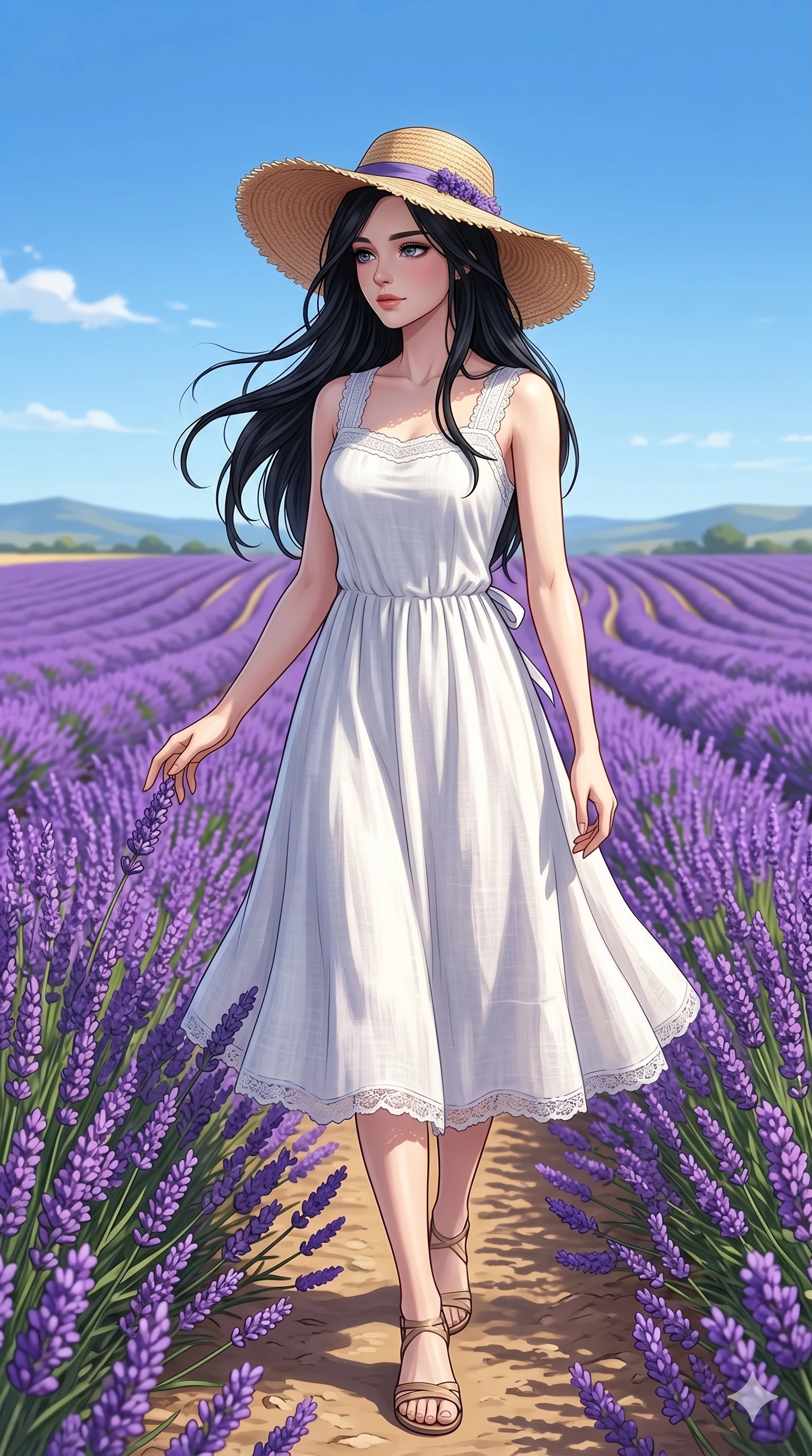 score_9, score_8_up, score_7_up, source_anime, masterpiece, best quality, ultra-detailed, same character with long flowing black hair, wearing a light and elegant white summer sundress and a wide-brimmed straw hat, full body shot walking peacefully through an endless blooming purple lavender field, beautiful provence countryside, bright sunny day, clear blue sky, 2k, 9:16 ratio