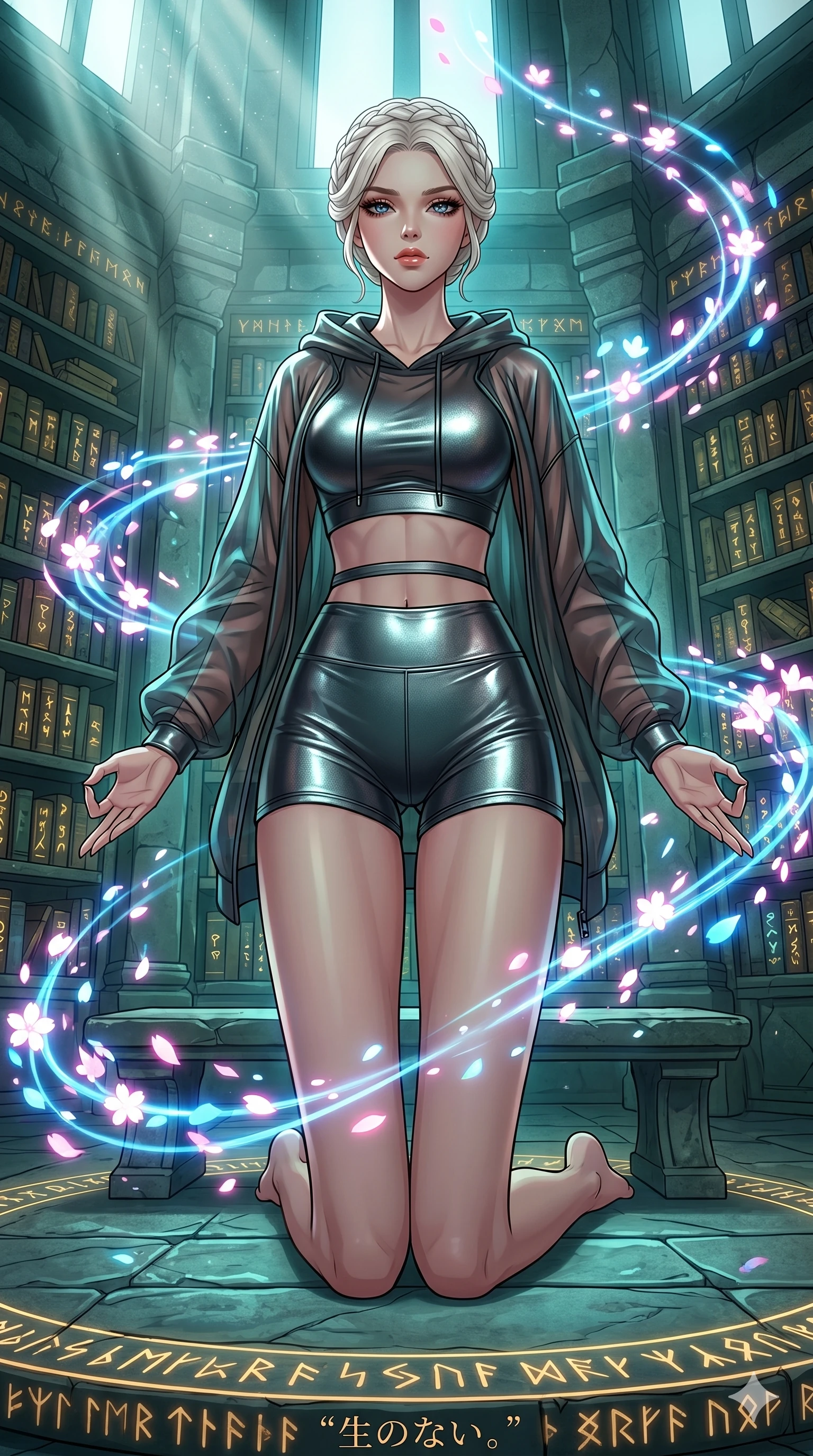 score_9, masterpiece, best quality, ultra-detailed, high-budget anime movie keyframe, cinematic anime lighting, intricate line art, Japanese woman. Low angle cowboy shot filling the entire 9:16 frame with her statuesque presence. meditating peacefully in a ancient runic library with digital sakura petals. She has an absolutely perfect 8-heads proportion, an exceptionally tall and slender female figure with an ultra-slim waist and impossibly long slender legs. sharp v-shaped jawline, high-bridge nose, intricate jewel-like eyes, thick eyelashes, glossy lips. Wearing premium athleisure set with a metallic-finish compression top, high-cut yoga shorts that accentuate her long legs, and a sheer oversized hoodie. The scene is illuminated by dramatic atmospheric lighting and vibrant color palettes. , 2k, ultra detail, master piece, 9:16 ratio