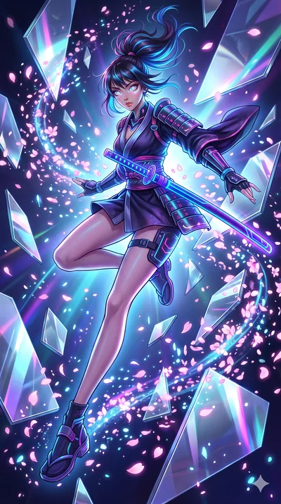 score_9, masterpiece, best quality, ultra-detailed, Set A: High-budget Anime Keyframe, Korean woman. Low angle cowboy shot filling the entire 9:16 frame with her statuesque presence. Leaping through a dimension of floating mirrors, while her eyes glo