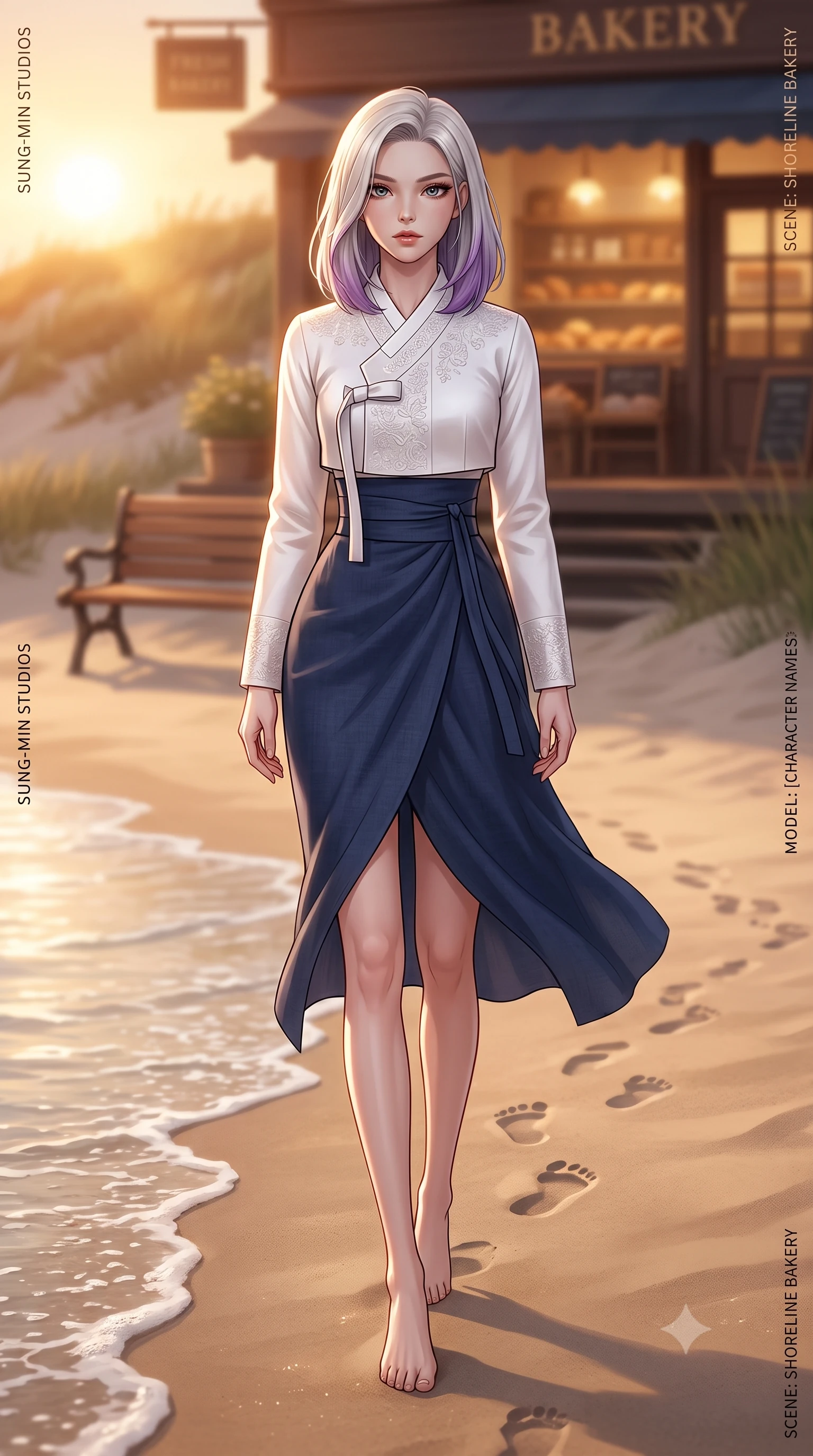 score_9, masterpiece, best quality, ultra-detailed, high-budget anime keyframe, editorial fashion photography, tasteful artistic composition, Caucasian woman woman. low angle full-body shot from head to toe showing her feet, filling the entire 9:16 vertical frame with her statuesque presence, stretching her vertical silhouette. walking slowly along the shoreline, leaving footprints in the wet sand the background shows a soft-focus a wooden bench outside a cozy bakery, with the scent of fresh bread in the soft focus air. She has an absolutely perfect, statuesque 8.5-heads proportion, an exceptionally tall and slender model-like female figure with impossibly long slender legs and an ultra-slim waist. sharp v-shaped jawline, high-bridge nose, intricate jewel-like eyes with depth, thick eyelashes, glossy lips with a natural sheen. wearing a form-contouring modern fusion hanbok wrap skirt in navy blue linen, paired with a white silk jeogori. warm morning sunbeams casting a cozy amber glow. 2k, ultra detail, master piece, 9:16 ratio