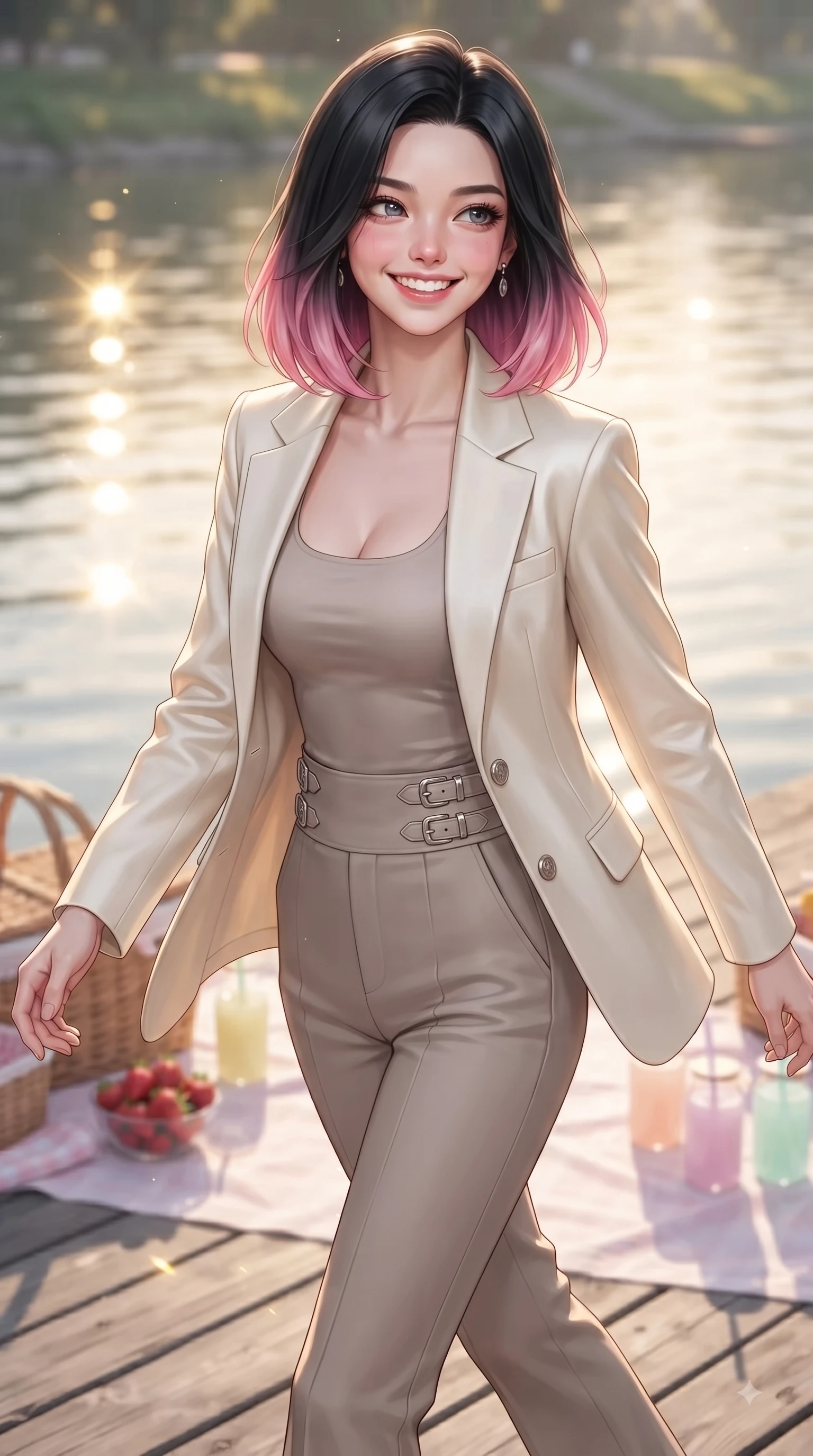 score_9, masterpiece, best quality, ultra-detailed, high-budget anime keyframe, editorial fashion photography, tasteful artistic composition, Korean woman. close-up cowboy shot from the waist and thighs up, the character dominates the composition, filling the frame with her large presence, background elements kept in soft focus. Radiant youthful grin reflecting college charm while casting a playful, joyful side-gaze with heavy lashes while walking across a wooden river pier as golden hour sunbursts reflect off calm water, picnic baskets, fresh strawberries, and pastel drinks adding a sweet girlhood charm. She has an exceptionally elegant, slender, and willowy female figure with an ultra-slim waist, a gracefully sculpted slender torso, and a refined silhouette. sharp v-shaped jawline, high-bridge nose, intricate jewel-like eyes with depth, thick eyelashes, glossy lips with a natural sheen, flawlessly proportioned anatomical accuracy, natural body alignment, perfectly sculpted elegant limbs, clean dynamic posture without body distortion. wearing a tailored cream silk blazer over a form-contouring scoop-neck top and slacks in muted taupe and soft ivory, crafted from smooth liquid silk, detailed with polished silver buckles along the waistline, the form-contouring material highlighting her ultra-slim waist and long lines. illuminated by soft glowing sunset reflections with cheerful golden rim lights. ultra-reflective glossy finish, specular highlights, metallic sheen, high-contrast stereoscopic depth, volumetric dynamic lighting, 2k, ultra detail, master piece, 9:16 ratio