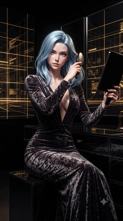 score_9, masterpiece, best quality, ultra-detailed, High-budget Anime Keyframe, editorial fashion photography, tasteful artistic composition, realistic cosplay photography, East Asian woman. Low angle cowboy shot filling the entire 9:16 frame with he