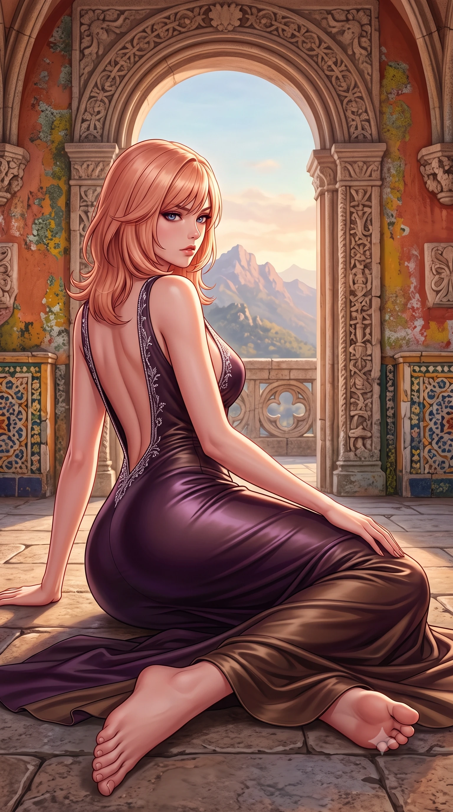 score_9, masterpiece, best quality, ultra-detailed, high-budget anime keyframe, semi-realistic 3D game render, editorial fashion photography, tasteful artistic composition, Japanese woman. low angle full-body shot from head to toe showing her feet, filling the entire 9:16 vertical frame with her statuesque presence, stretching her vertical silhouette. reclining on her side in an elegant Cleopatra pose with one knee drawn up, the dramatic contour of her rounded hips and long slender legs commanding the 9:16 vertical frame while turning in an alluring dancer S-curve as the ocean breeze catches her sweeping gown, gazing toward the distant Sintra mountain peaks. The surrounding environment is rendered in vivid detail and crisp panoramic clarity. sharp carved Manueline sea-coral stone reliefs, colorful stucco wall textures, and ancient lichen in deep focus. She has an exceptionally tall and slender model-like 8.5-heads proportion, an ultra-slim waist, a flat toned midriff, narrow delicate ribcage, and beautifully sculpted feminine hips creating a graceful, slim hourglass silhouette without any bulky heaviness, with impossibly long slender legs. sharp v-shaped jawline, high-bridge nose, intricate jewel-like eyes with depth, thick eyelashes, glossy parted lips with a natural sheen, intensely captivating and seductive bedroom-eyes expression, flawlessly proportioned anatomical accuracy, strict slender model proportions, natural body alignment, perfectly sculpted long slender limbs, ultra-slim waistline, clean dynamic posture without body distortion. wearing a liquid-silk jersey evening gown with an ultra-deep plunging open back descending to the base of her spine and a sculpted hip-hugging skirt in deep plum violet and antique bronze, formed from supple second-skin lambskin leather with specular sheen, finished with delicate crystal frost embroidery tracing the plunging neckline, the liquid-tight tailored fabric clinging flawlessly to her narrow waist and rounded feminine hips, emphasizing every millimeter of her sculpted slim hourglass curves without any bulky heaviness. illuminated by warm terracotta wall bounce fill sharply sculpting her razor-sharp jawline, narrow waist, and curvy hips. highly saturated vibrant anime colors, detailed shading with soft gradients, rich glossy textures, high-contrast stereoscopic depth, volumetric dynamic lighting, master piece, 9:16 ratio