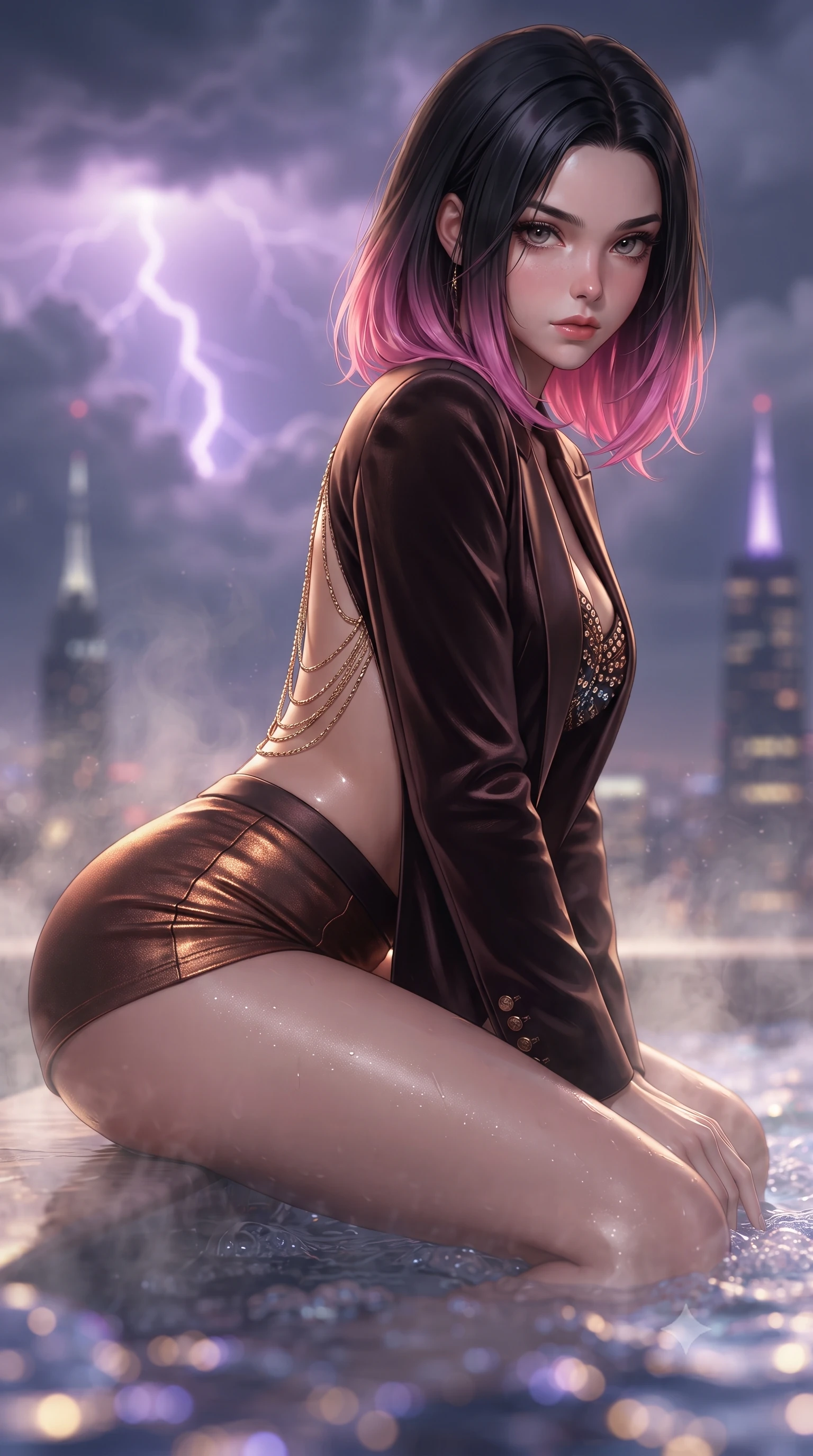 score_9, masterpiece, best quality, ultra-detailed, high-budget anime keyframe, editorial fashion photography, tasteful artistic composition, Korean woman. close-up cowboy shot from the waist and thighs up, the character dominates the composition, filling the frame with her large presence. leaning forward while arching her lower back to accentuate her curvy hips, looking into the camera with an intoxicating smoldering gaze and bedroom-eyes while sitting in the steaming open-air glass jacuzzi cantilevered eighty-five floors up, arching her back with breathtaking wet-look siren grace. The background shows a soft-focus swirling storm clouds illuminated by purple lightning, distant skyscraper spire warning beacons, and bubbling water blurred into violet, sapphire, and gold bokeh. She has an exceptionally elegant, slender, and willowy female figure with an ultra-slim waist, flat toned midriff, narrow ribcage, and sculpted feminine hips creating an alluring, slim hourglass silhouette without bulk. sharp v-shaped jawline, high-bridge nose, sparkling eyes with hypnotic seductive depth, thick curled eyelashes, glossy parted lips with a natural dewy peach sheen, alluring bedroom-eyes with an enchanting coquettish smile, exuding magnetic siren charisma and sophisticated glamour, flawlessly proportioned anatomical accuracy, strict slender model proportions, natural body alignment, perfectly sculpted long slender limbs, ultra-slim waistline, clean dynamic posture without body distortion. wearing a tailored open-front satin smoking jacket worn over a jewel-embellished bandeau and micro-shorts in sultry espresso bronze and metallic copper, tailored from ultra-plush velvet with rich tactile depth and deep shadow gradients, accented with an open-back drape framed by falling strands of delicate gold chains, the second-skin tailored fabric adhering flawlessly to her sculpted flat midriff and slender torso, emphasizing her long leg lines and perfectly proportioned willowy build. bathed in warm 3200K underwater tub illumination paired with sudden electric purple lightning flashes from passing clouds. ultra-reflective glossy finish, specular highlights, rich textural contrasts, high-contrast stereoscopic depth, volumetric dynamic lighting, 2k, ultra detail, master piece, 9:16 ratio