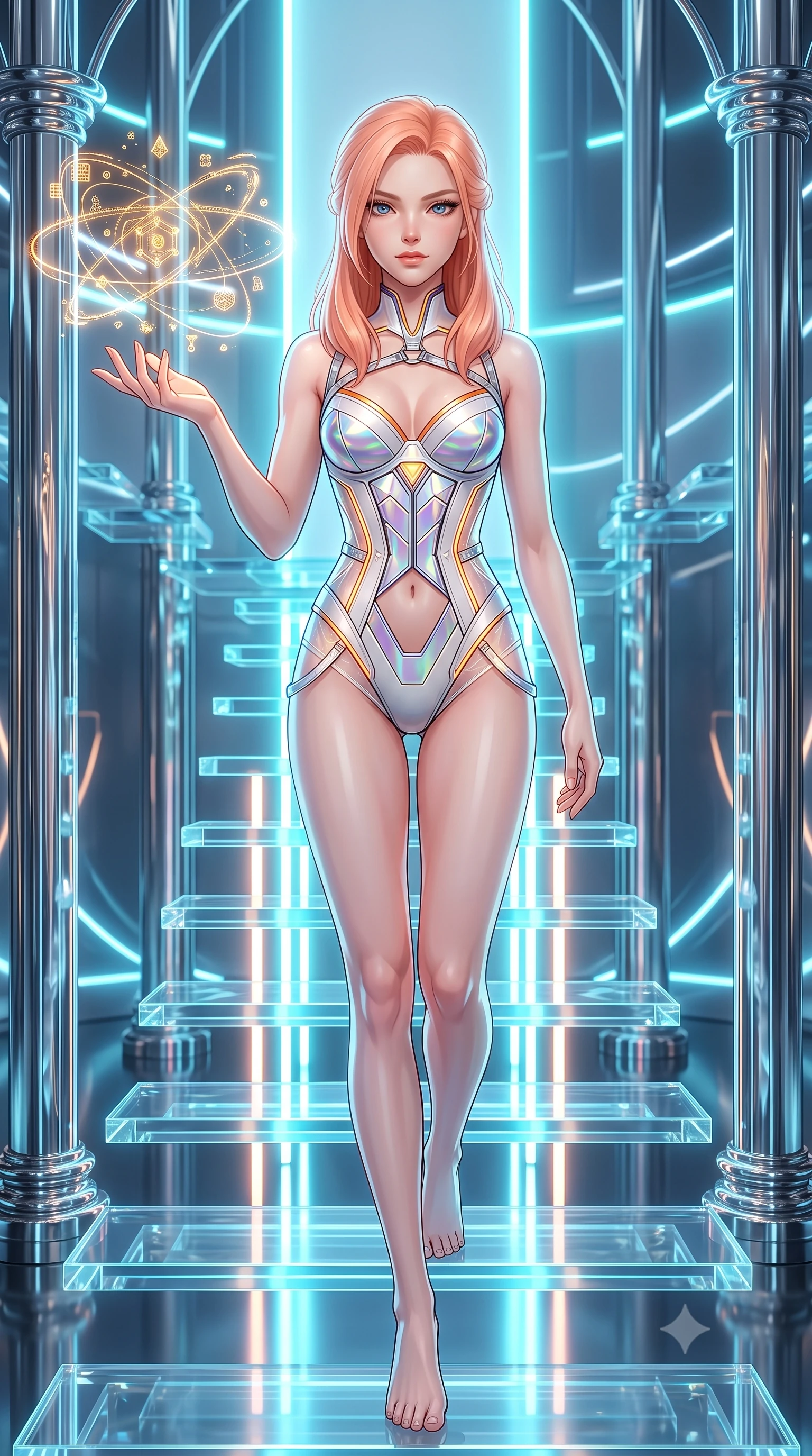 score_9, masterpiece, best quality, ultra-detailed, high-budget anime keyframe, semi-realistic 3D game render, editorial fashion photography, tasteful artistic composition, Japanese woman. close-up cowboy shot from the waist and thighs up, the character dominates the composition, filling the frame with her large presence. extending one arm gracefully as floating holographic glyphs and nano-crystals orbit her fingertips with sovereign power while ascending a suspended glass stairway illuminated by vertical neon light shafts with divine cybernetic majesty. The surrounding environment is rendered in vivid detail and crisp panoramic clarity. intricate chrome pillar reflections, razor-sharp neon halo filaments, and polished mirror floor in deep focus. She has an exceptionally elegant, slender, and willowy female figure with an ultra-slim waist, a gracefully sculpted slender torso, toned flat midriff, and a refined slim silhouette. sharp v-shaped jawline, high-bridge nose, intricate jewel-like eyes with depth, thick eyelashes, glossy lips with a natural sheen, flawlessly proportioned anatomical accuracy, strict slender model proportions, natural body alignment, perfectly sculpted long slender limbs, ultra-slim waistline, clean dynamic posture without body distortion. wearing a precision-tailored holographic cyber-corset with geometric iridescent plating and an ultra-slim waist-cinching silhouette in high-contrast monochrome white enamel and glowing amber lines, crafted from delicate iridescent organza interwoven with luminescent micro-fibers, reinforced by a sleek metallic chrome harness and delicate glowing micro-straps, the precision-cut daring openings accentuating her delicate midriff, graceful bare collarbones, and ultra-slim feminine waistline. bathed in brilliant neon cyan halo backlighting and polished chrome surface reflections. rich saturated anime colors with glowing neon highlights, detailed shading with soft gradients, rich glossy textures, high-contrast stereoscopic depth, volumetric dynamic lighting, master piece, 9:16 ratio