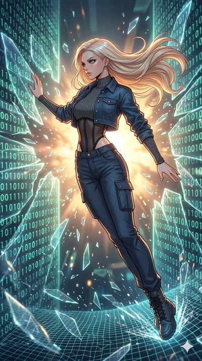 score_9, masterpiece, best quality, ultra-detailed, high-budget anime movie keyframe, cinematic anime lighting, intricate line art, Korean woman. Mid-air action shot capturing a graceful twist and vertical silhouette. escaping a digital prison by bre