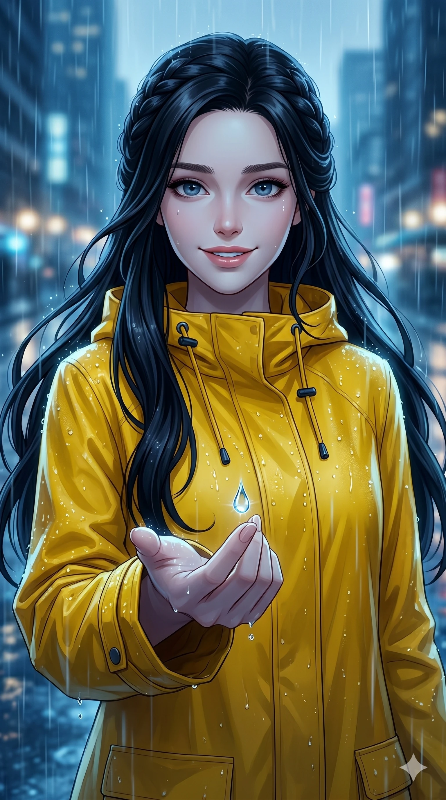 score_9, score_8_up, score_7_up, source_anime, masterpiece, best quality, ultra-detailed, same character with long flowing black hair, wearing a bright yellow raincoat, upper body close-up from thigh up filling the screen, reaching out to catch a falling raindrop on her finger with a soft smile, rainy city background, cinematic blue tone, 2k, 9:16 ratio
