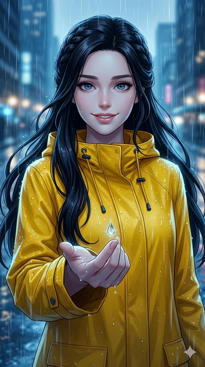 score_9, score_8_up, score_7_up, source_anime, masterpiece, best quality, ultra-detailed, same character with long flowing black hair, wearing a bright yellow raincoat, upper body close-up from thigh up filling the screen, reaching out to catch a fal