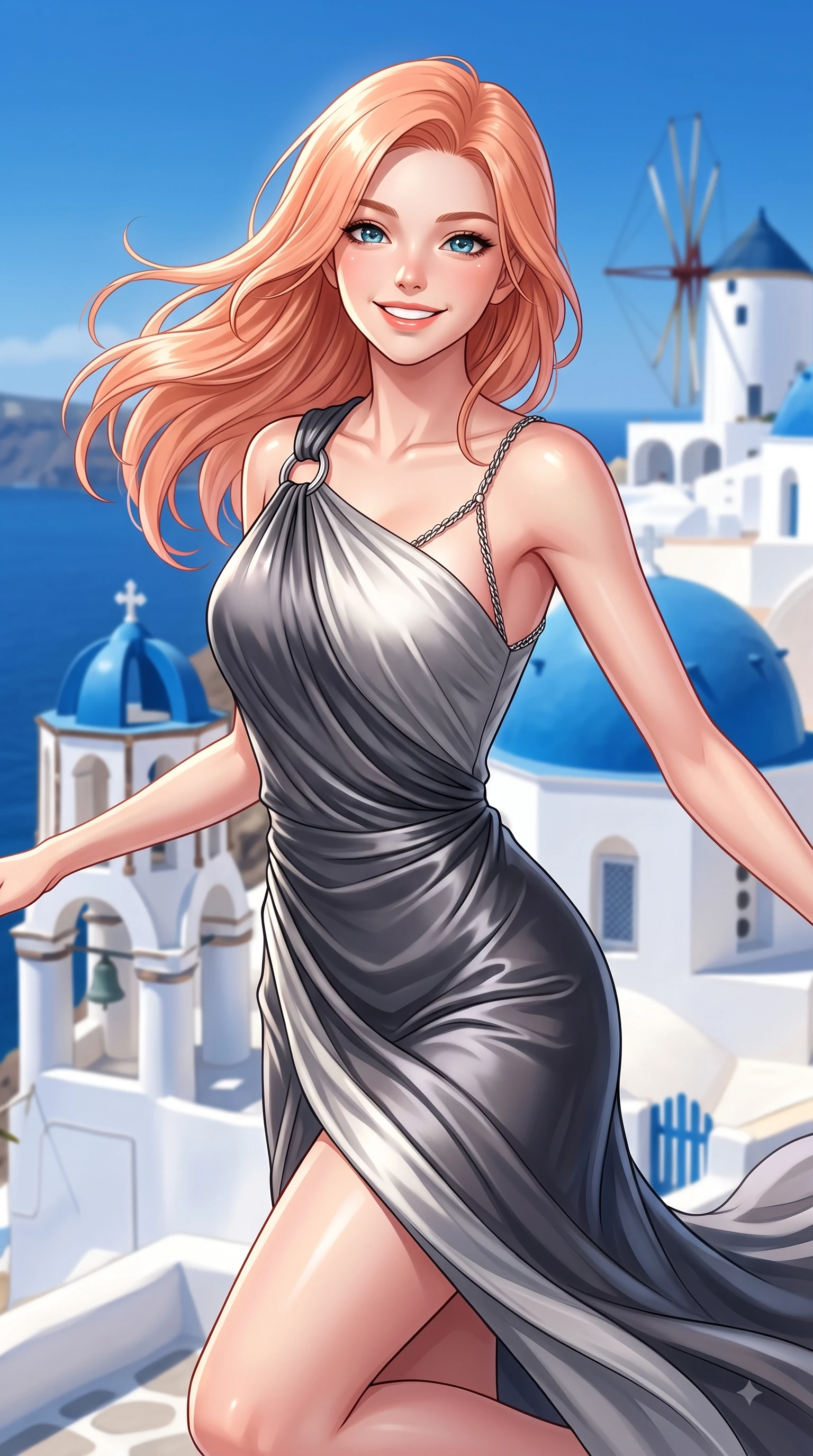 score_9, masterpiece, best quality, ultra-detailed, high-budget anime keyframe, editorial fashion photography, tasteful artistic composition, Japanese woman. close-up cowboy shot from the waist and thighs up, the character dominates the composition, filling the frame with her large presence, background elements kept in soft focus. Radiant bright smile with sparkling eyes directed right into the lens, her torso turning in a dynamic S-curve alignment while leaping playfully with a bright smile in front of iconic blue-domed churches and white windmills, pristine white stone architecture contrasting brilliantly with deep azure sea and blue skies. She has an exceptionally elegant, slender, and willowy female figure with an ultra-slim waist, a gracefully sculpted slender torso, and a refined silhouette. sharp v-shaped jawline, high-bridge nose, intricate jewel-like eyes with depth, thick eyelashes, glossy lips with a natural sheen, flawlessly proportioned anatomical accuracy, natural body alignment, perfectly sculpted elegant limbs, clean dynamic posture without body distortion. wearing an asymmetrical Grecian draped chiffon gown with a metallic shoulder ring in charcoal grey and platinum, crafted from lustrous satin jersey with fluid draping, adorned with delicate metallic chain straps along the neckline, the form-contouring material highlighting her ultra-slim waist and long lines. surrounded by a clear, sun-drenched atmosphere with crisp cheerful highlights. ultra-reflective glossy finish, specular highlights, metallic sheen, high-contrast stereoscopic depth, volumetric dynamic lighting, 2k, ultra detail, master piece, 9:16 ratio